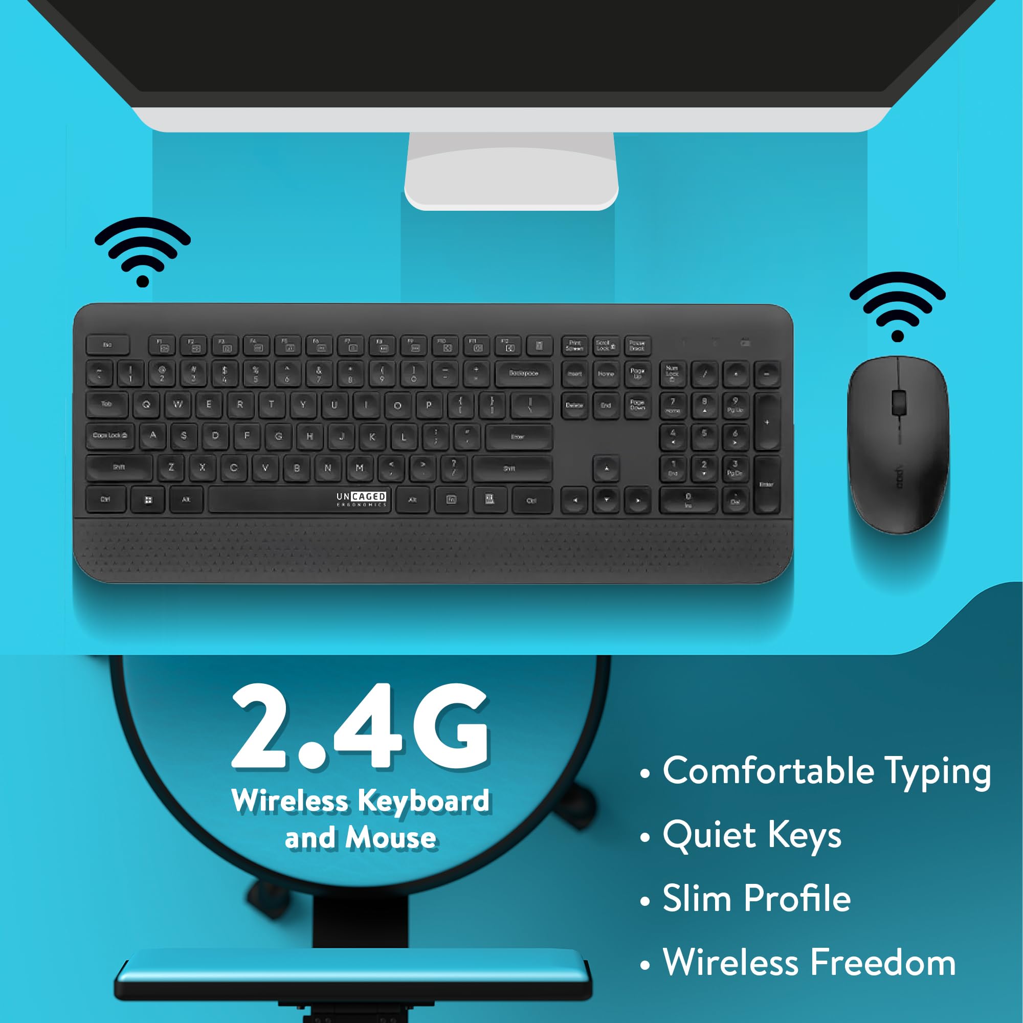 Uncaged Ergonomics KM1 Slim Quiet Full-Size 2.4 GHz Wireless Keyboard and Mouse Combo Black