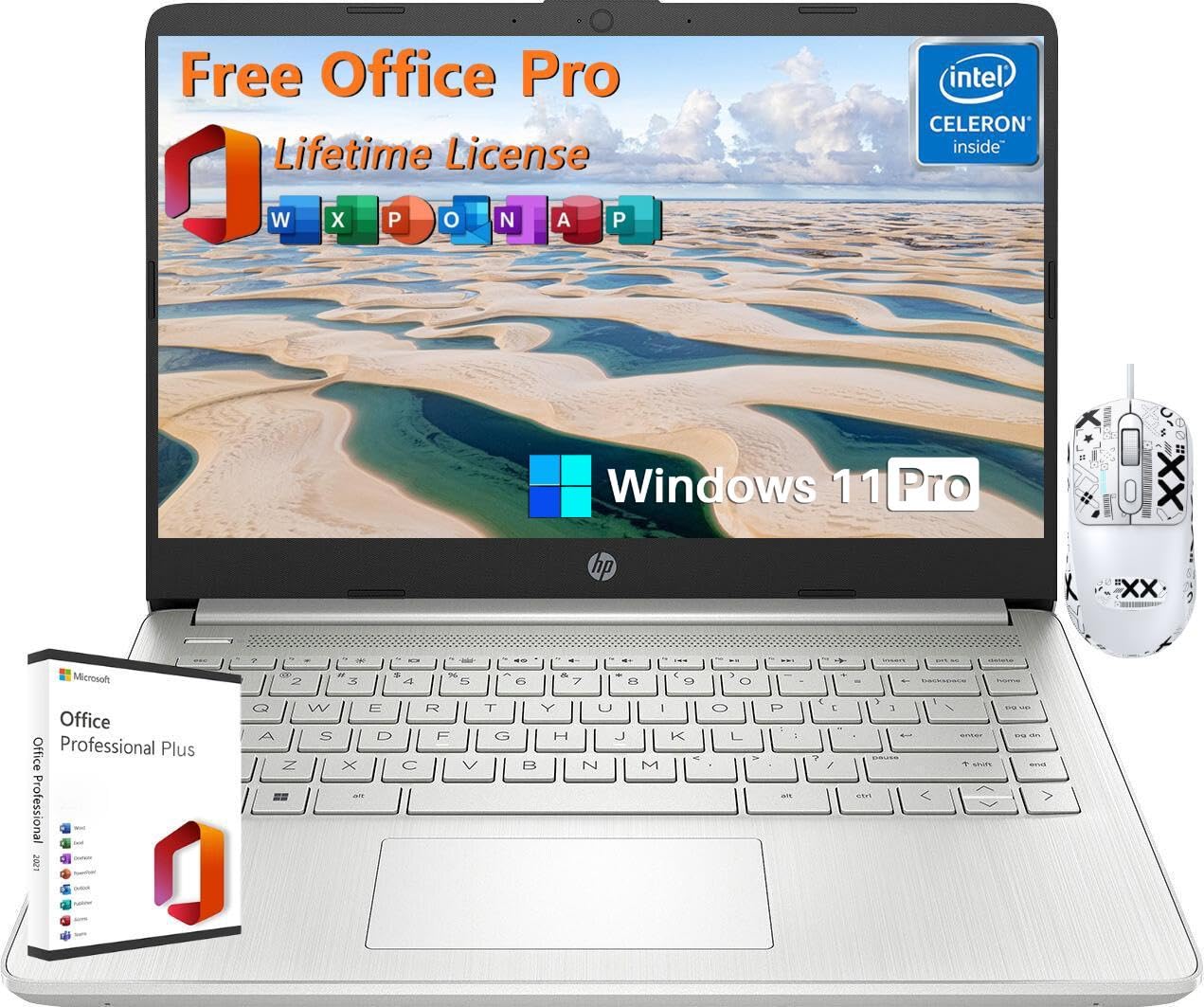 HP 14 Inch Laptop Student Business, with Office Lifetime License & Windows 11 Pro, Intel Dual-Core N4120, 8GB RAM, 384GB Storage