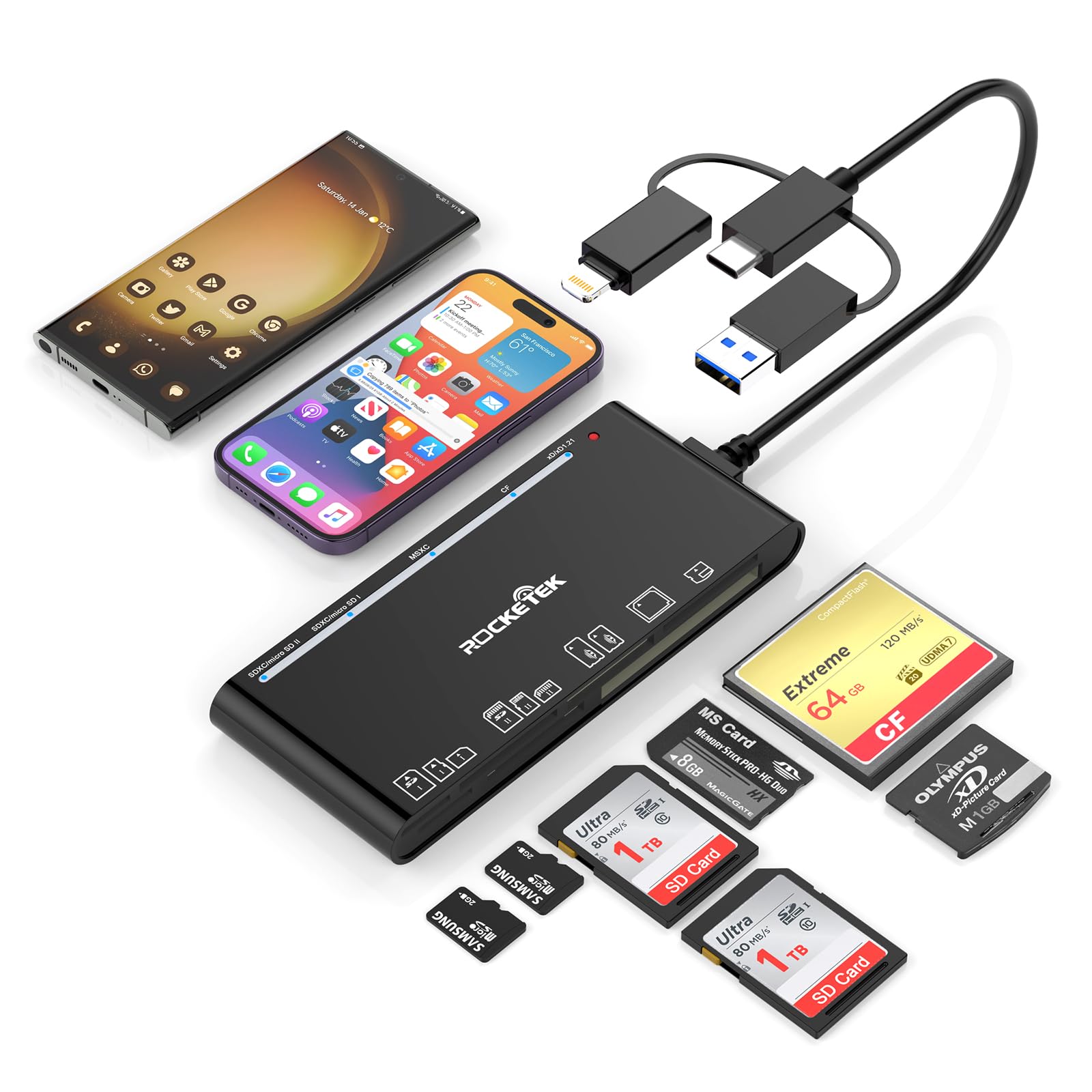 Multi Card Reader With Usb C Lightning Usb A Connector For Sd Cf Xd Ms Micro Sd Tf, 7 In 3 Memory Card Reader Adapter Hub For Ip