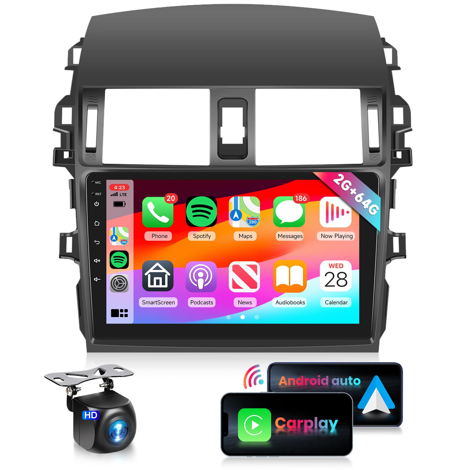 2G 64G Car Stereo Radio For Toyota Corolla 2009 2010 2011 2012 2013 With Wireless Carplay/Android Auto/Mirrorlink/9Inch Hd Ips Touch Screen/Bluetooth/Gps/Eq/28Uis/Wifi/Ahd Backup Camera