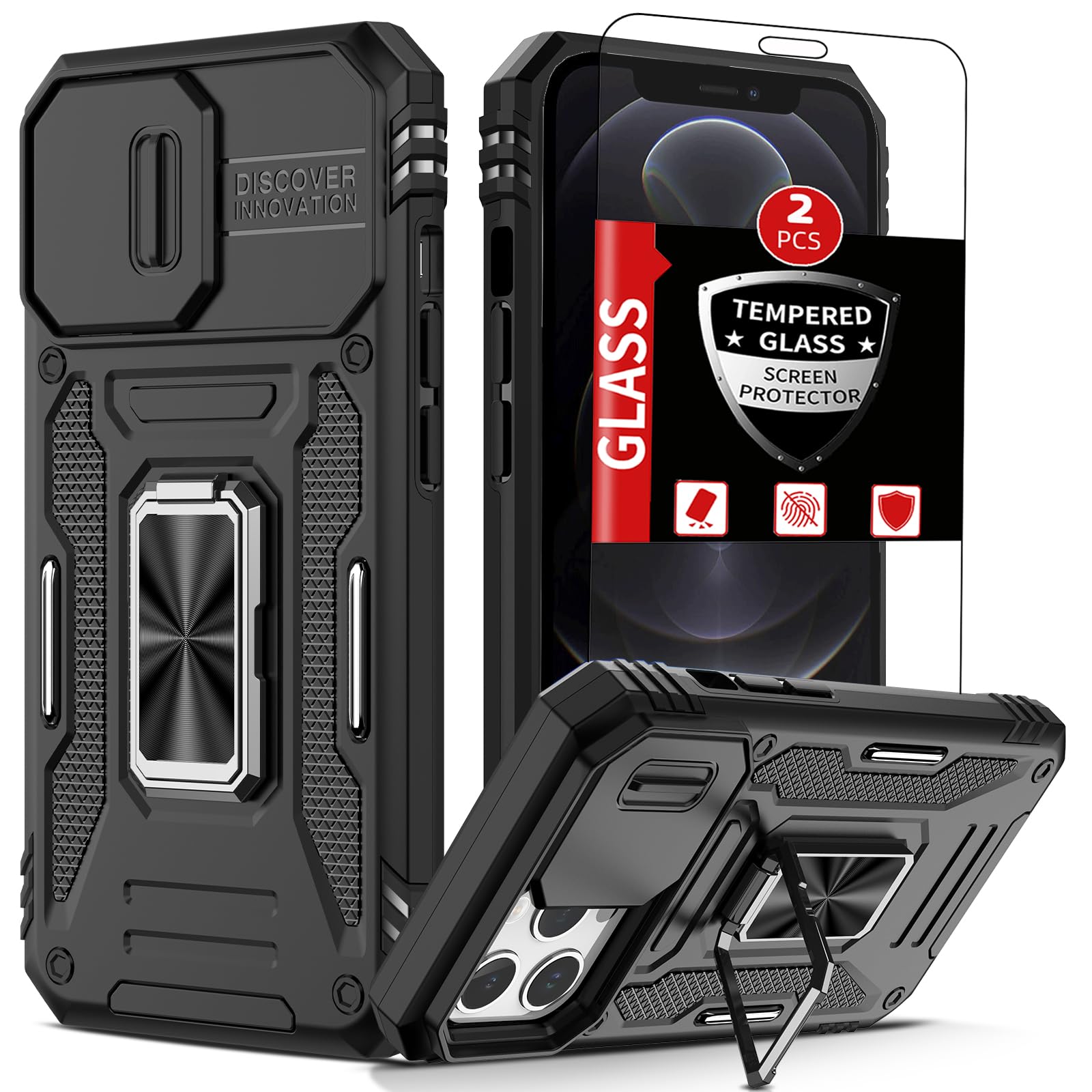 Frlmooes For Iphone 12 Pro Max Case With2 Glass Screen Protector,Iphone 12 Pro Max Kickstand Case With Slide Camera Cover & 360R