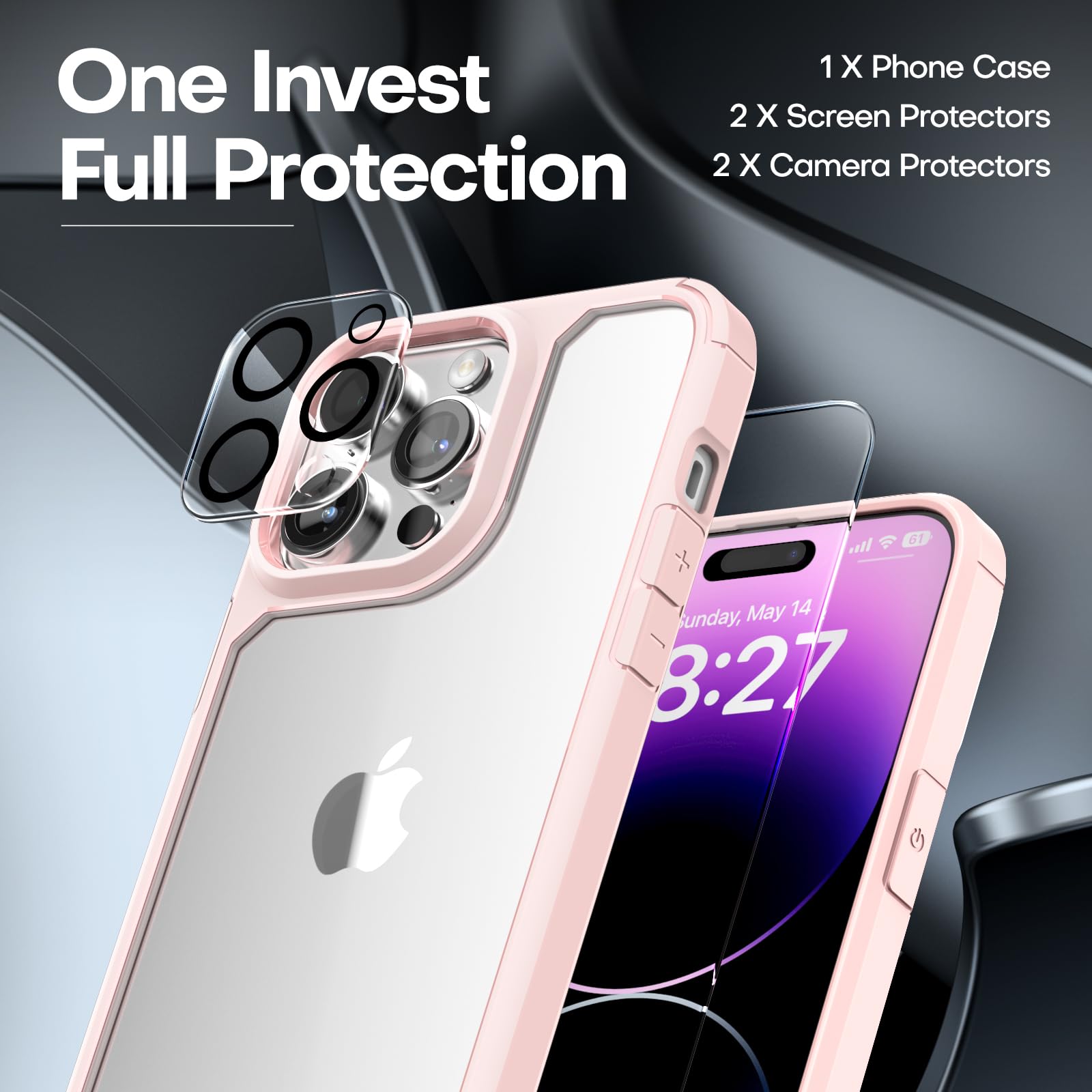 Tauri 3 In 1 For Iphone 14 Pro Max Case Pink, [Military Grade Drop Protection] With 2X Screen Protectors, Slim Shockproof Phone Case 6.7 Inch