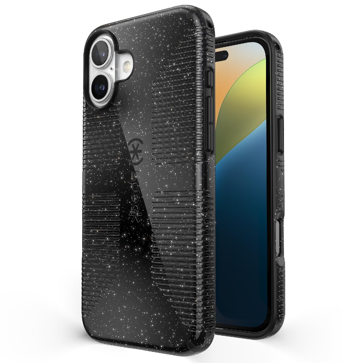 Speck CandyShell Grip Case iPhone 16 Plus - Slim MagSafe - Black Glitter/Steel Black