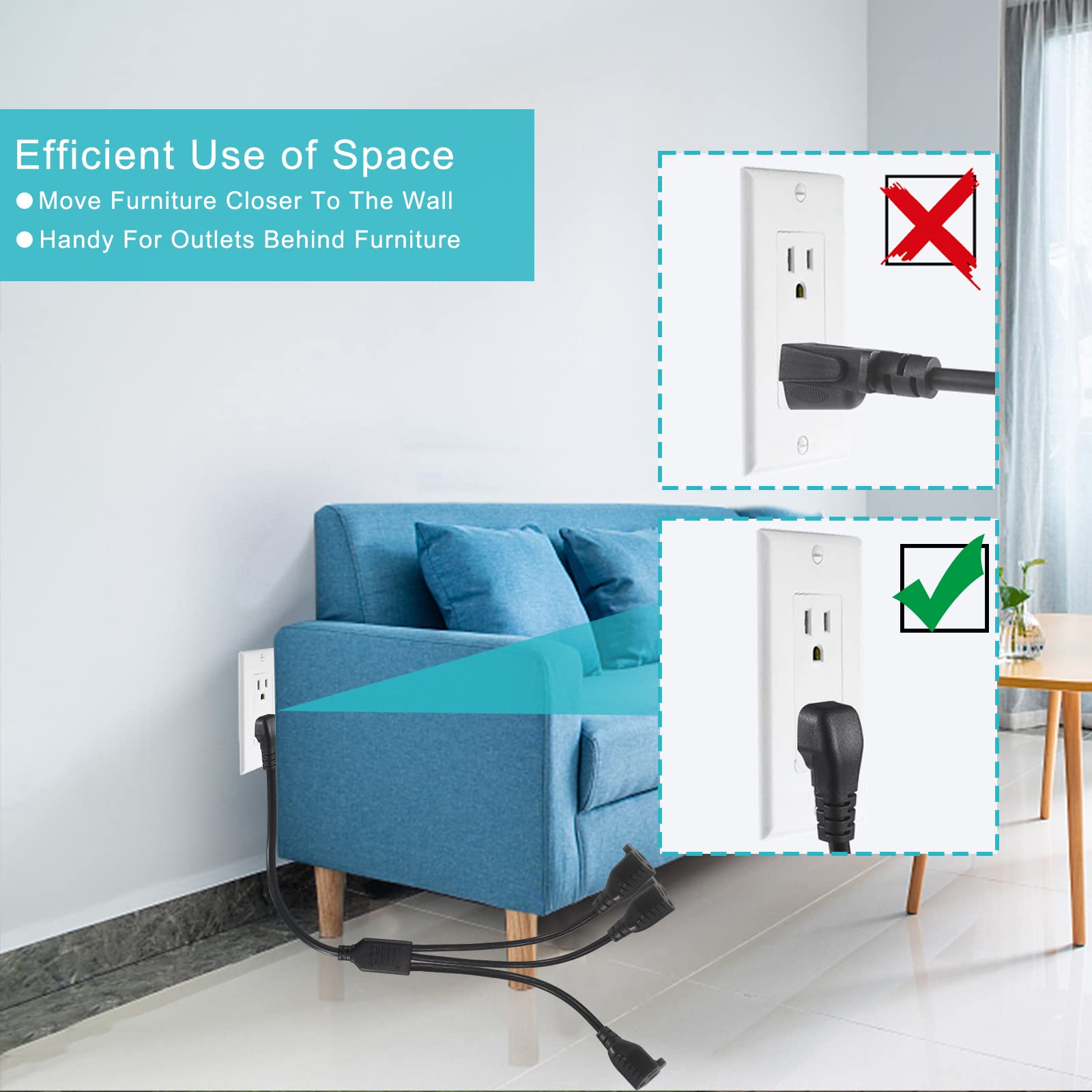 [2Pack]1.5Ft 3 Outlet Power Splitter Extension Cord   18Inch 1 To 3 Flat Plug Extension Cord Splitter , Sjt 16Awg 3 Prong 1 To 3