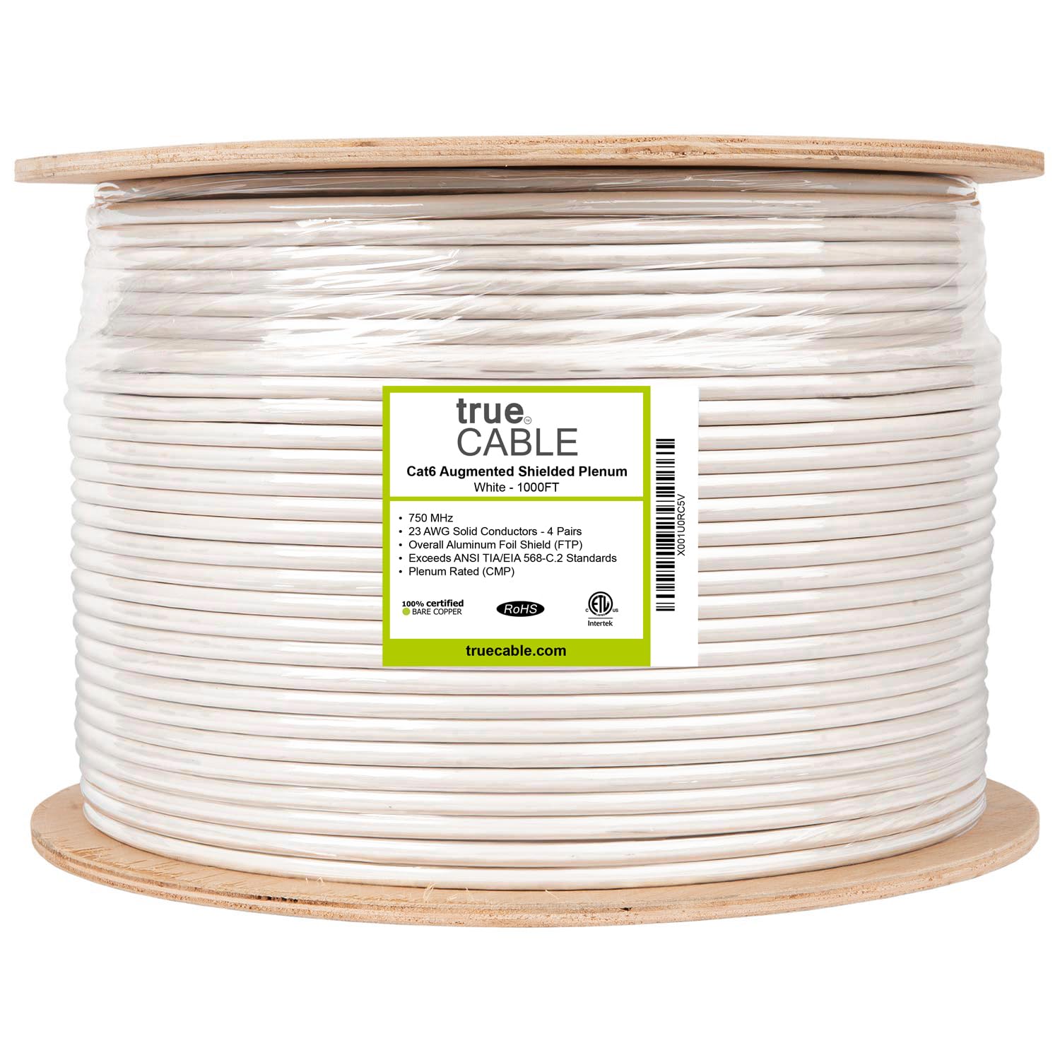Truecable Cat6A Shielded Plenum (Cmp), 1000Ft, White, 23Awg Solid Bare Copper, 750Mhz, Poe++ (4Ppoe), Etl Listed, Overall Aluminum Foil Shield (F/Utp), Bulk Ethernet Cable