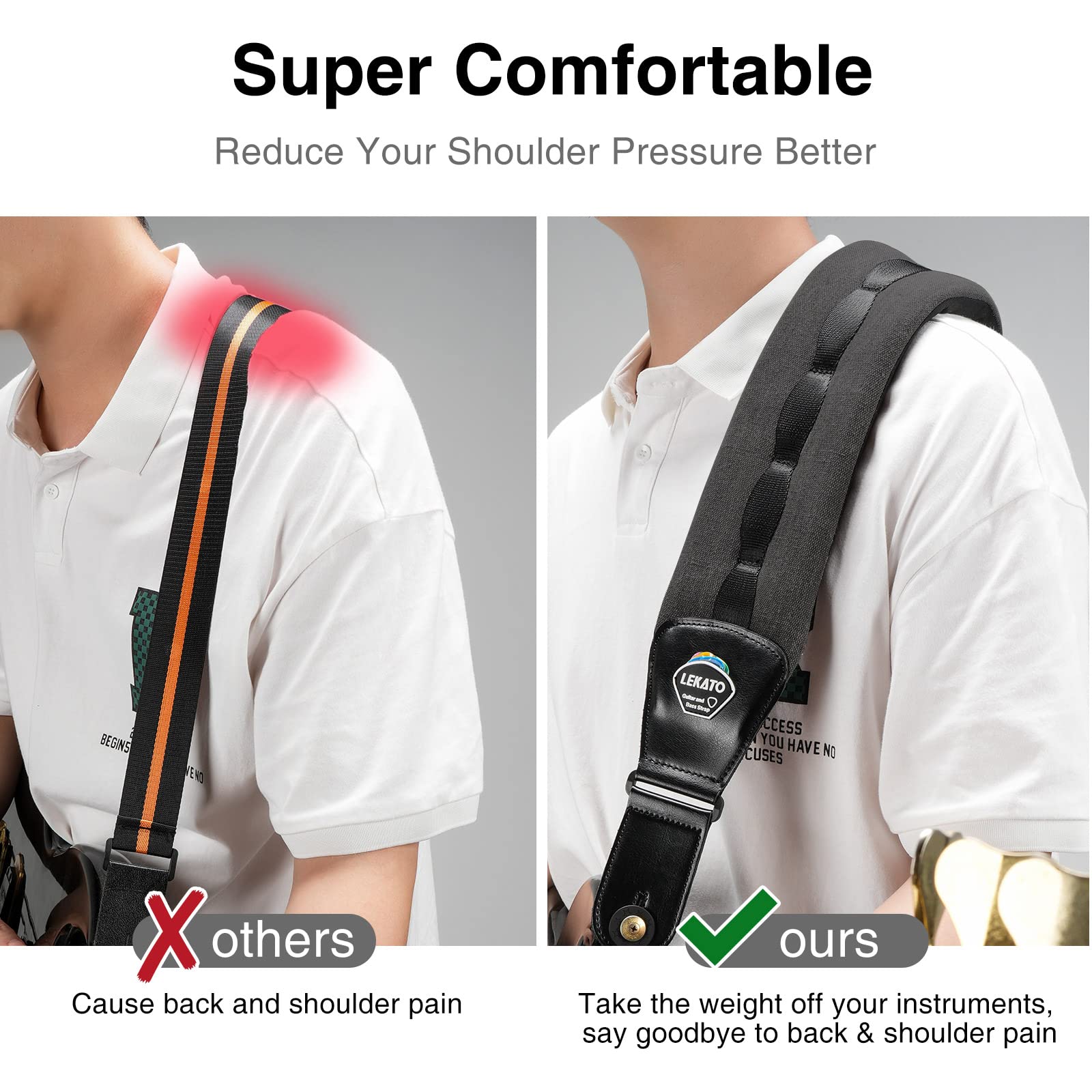 Lekato Bass Straps For Heavy Bass & Guitars With 3.5    Wide Bass Guitar Strap Padded Thickened Foam Guitar Strap Adjustable Len