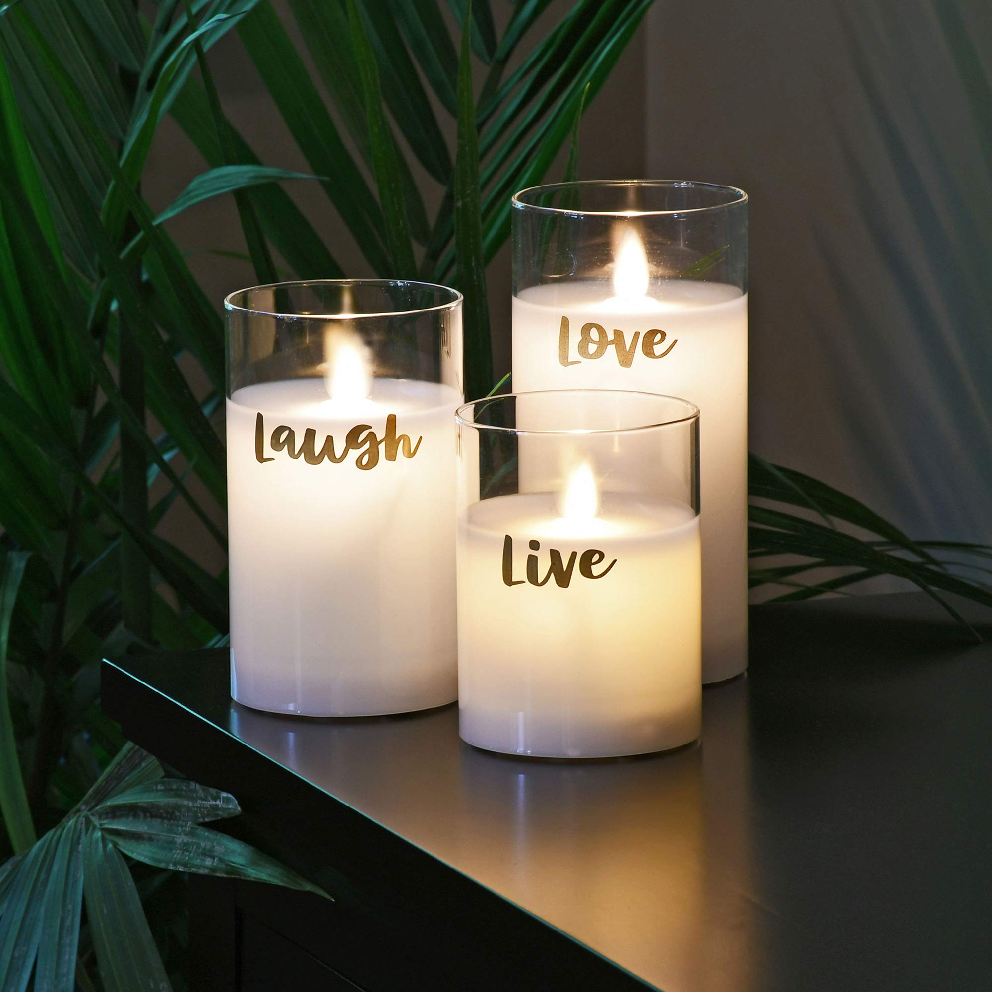 Lumabase Battery Operated Led Glass Candles With Moving Flame, Live Laugh Love   Set Of 3