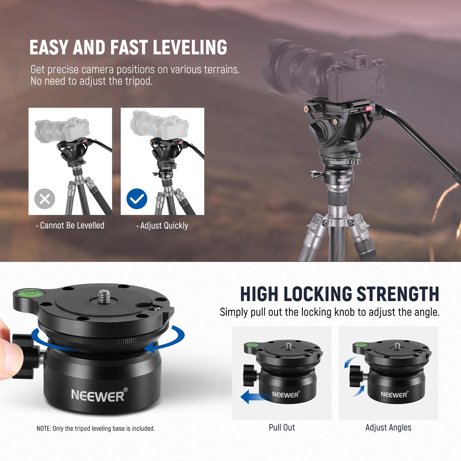 Neewer Tripod Leveling Base (?50Mm) Camera Leveler, Bubble Level Aluminum Adjusting Plate With 1/4'' 3/8'' Mounting Screw Tripod
