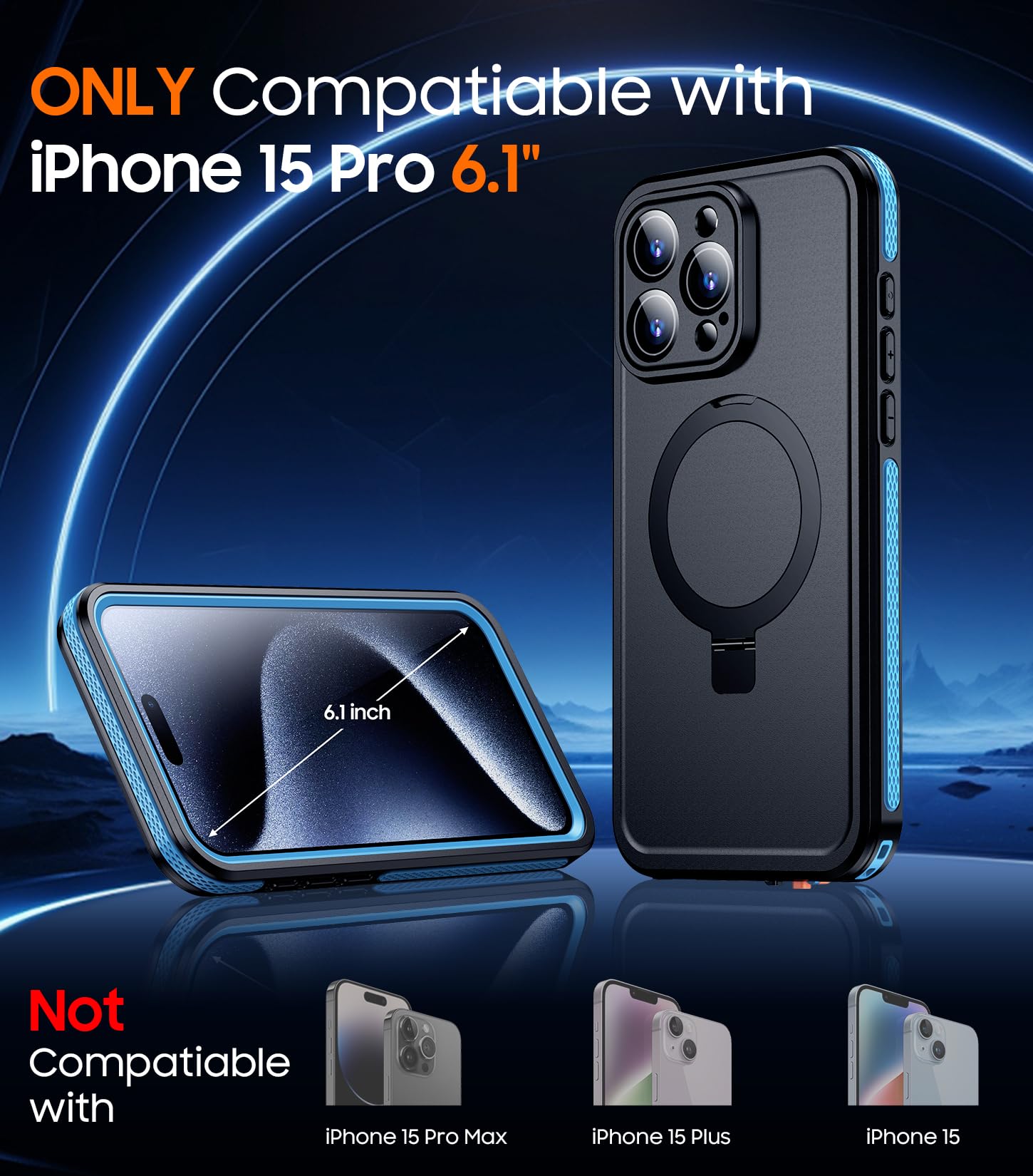 Temdan Magnetic For Iphone 15 Pro Case Waterproof,[Ip68 Underwater] [Built In Ring Invisible Stand & Screen Protector][Drop Resi