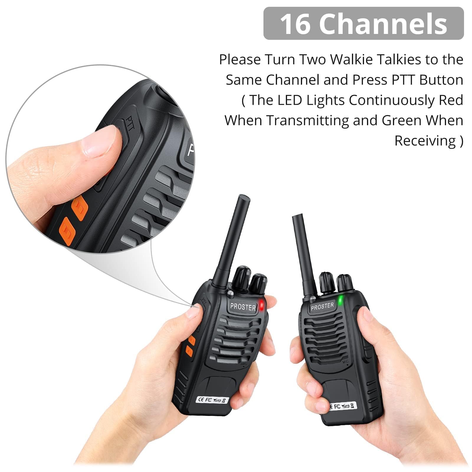 Proster Rechargeable Walkie Talkies 1 Pair   Long Range Two Way Radios 16 Channel Handheld Walky Talky, With Usb Charger 2 Pack Earpiece Mic For Walkie Talkies