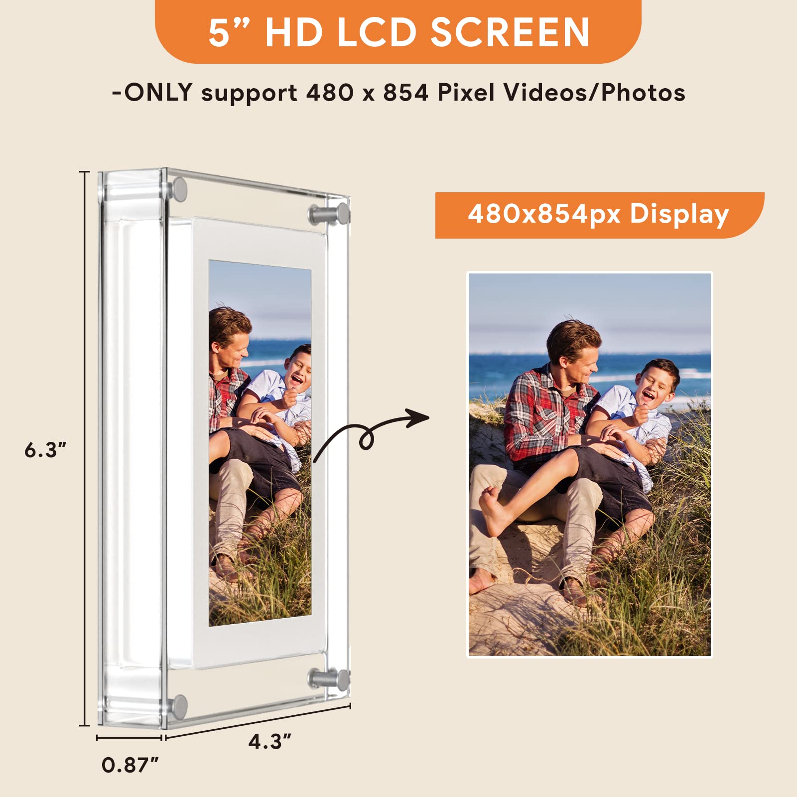 5 Inch Digital Picture Frame, Acrylic Video Frame, 1Gb Memory, 1000Mah Built In Battery, Perfect For Home Decor And Heartfelt Gi