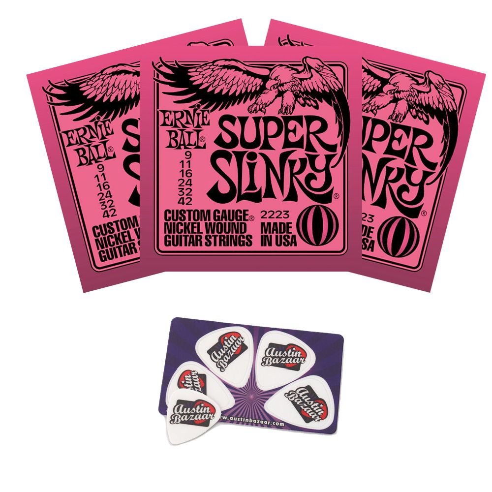 Ernie Ball 2223 Super Slinky String Set (9 42) Electric Guitar Strings   3 Pack With Picks