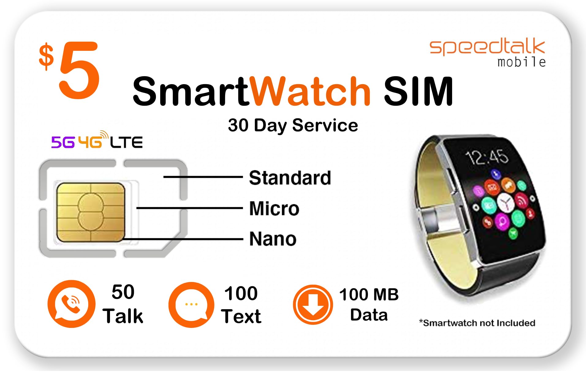 SpeedTalk Mobile $5 Smart Watch SIM Card Kit for 5G 4G LTE GSM Smartwatches Activity Fitness Wearables | Preloaded 3 in 1 Simcar