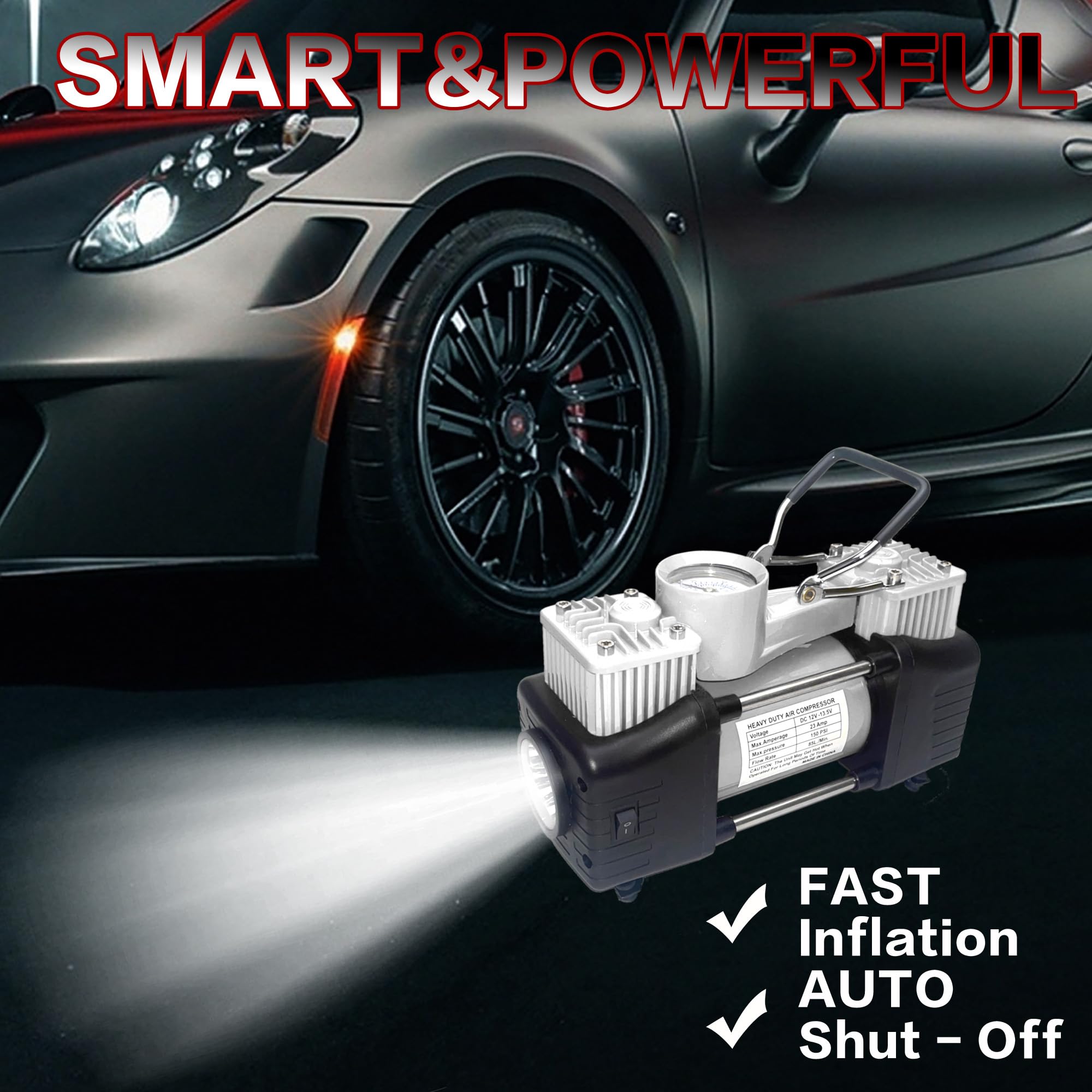 Yungtee Slivertire Inflator Heavy Duty Double Cylinders Direct Drive Inflation Pump,12V Portable Air Compressor Pump With Led Li