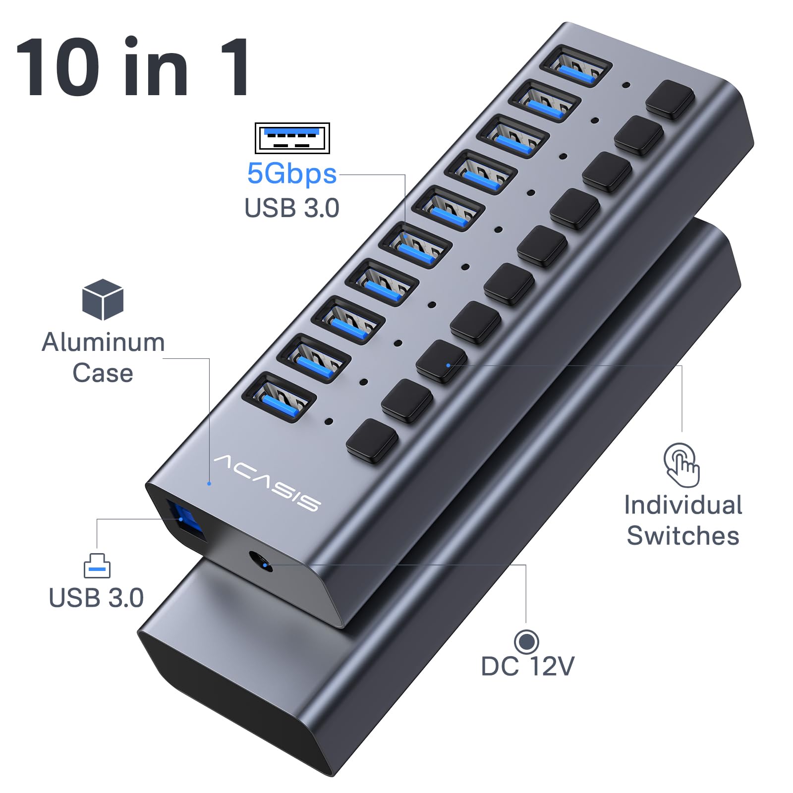 Acasis Powered Usb Hub,10 Ports Usb 3.1 Hub With 10Gbps Data Speed, Individual On/Off Switches, 12V4A 48W Power Adapter, Usb Hub 3.1 Powered For Macbook, Mac Pro/Mini, Surface Pro Laptop/Pc