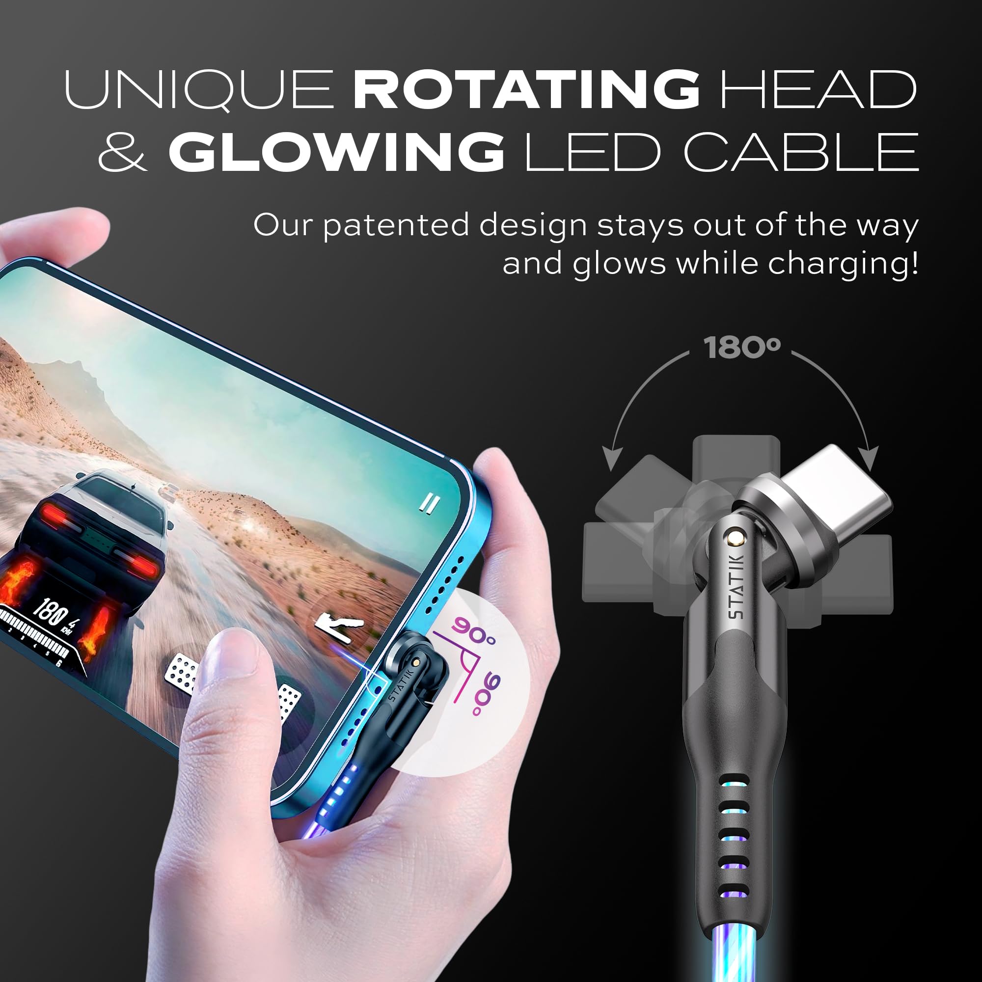 Statik GloBright 360 Pro Magnetic Charging Cable 3FT - LED Light Up USB C Charger, 2nd Gen Glowing Magnetic Cord