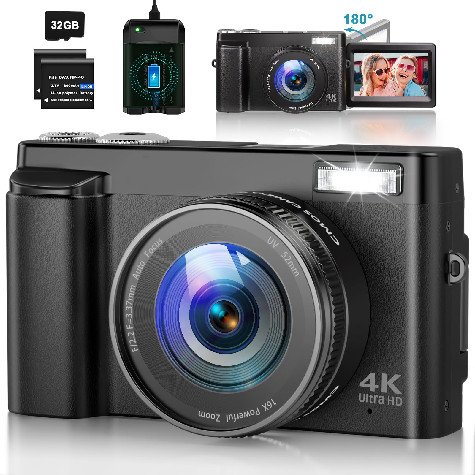 4K Digital Camera For Photography Autofocus 48Mp Vlogging Camera For Youtube With Sd Card 16X Digital Zoom Compact Camera, 3 Inc