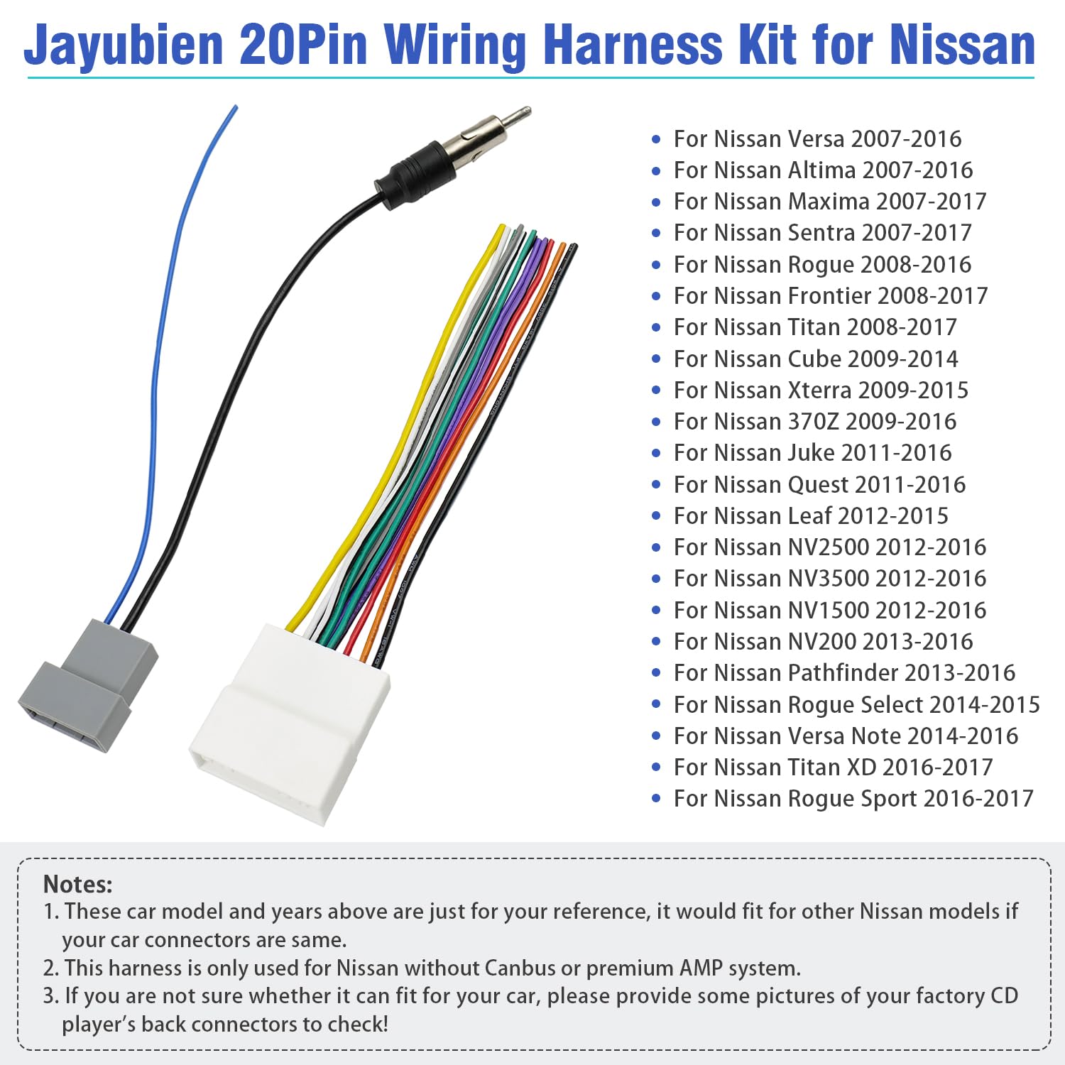 Jayubien 20Pin Wiring Harness For Nissan Radio Wire Antenna Adapter Kit Compatible With Altima Versa Sentra Frontier Xterra Tita