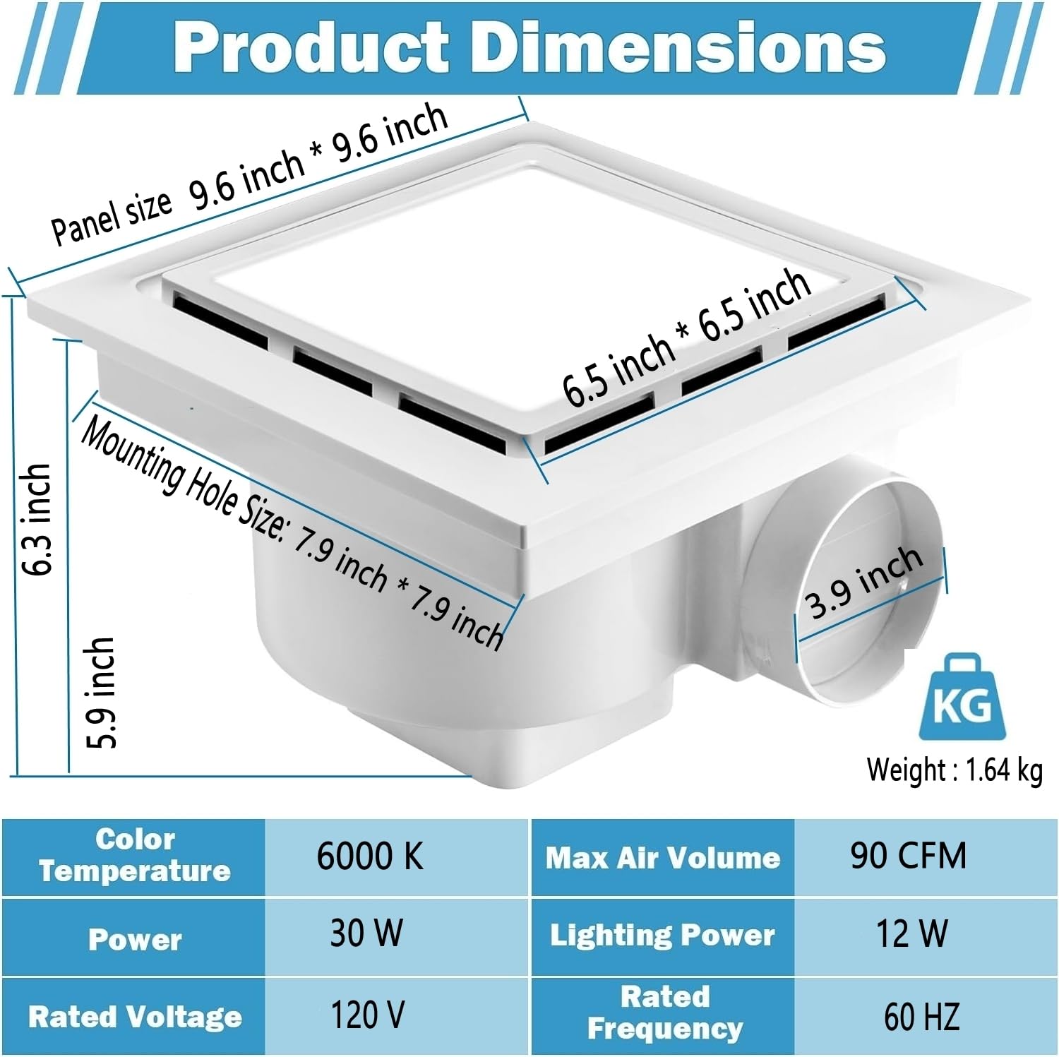 Nalle Ventilation Fans Bathroom Exhaust Fan With Light 9.6 Inch Panel 6000K 12W Square Led 90 Cfm 1.0 Sones 4 Inch Duct 110V Qui