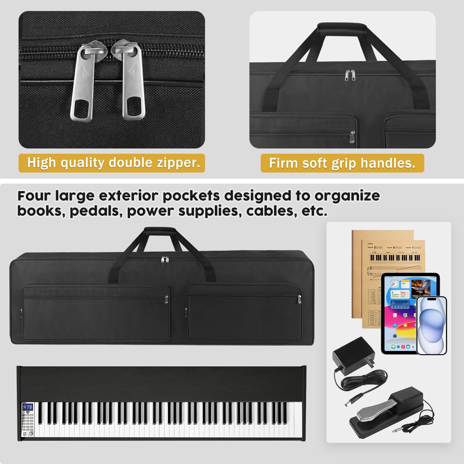 Xidihf 88 Key Keyboard Case   Full Padded Piano Gig Bag With Adjustable Shoulder Straps, 4 Storage Pockets For Accessories, 53.9
