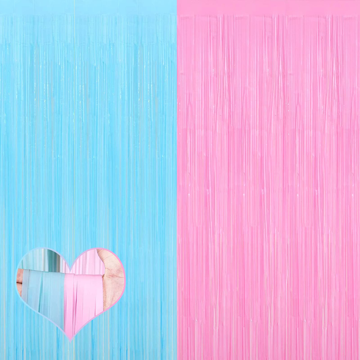 4 Pack 3.2Ft X 6.6Ft Pink Blue Fringe Curtain Backdrop, Metallic Tinsel Foil Fringe Streamers Curtains Background For Photo Boot