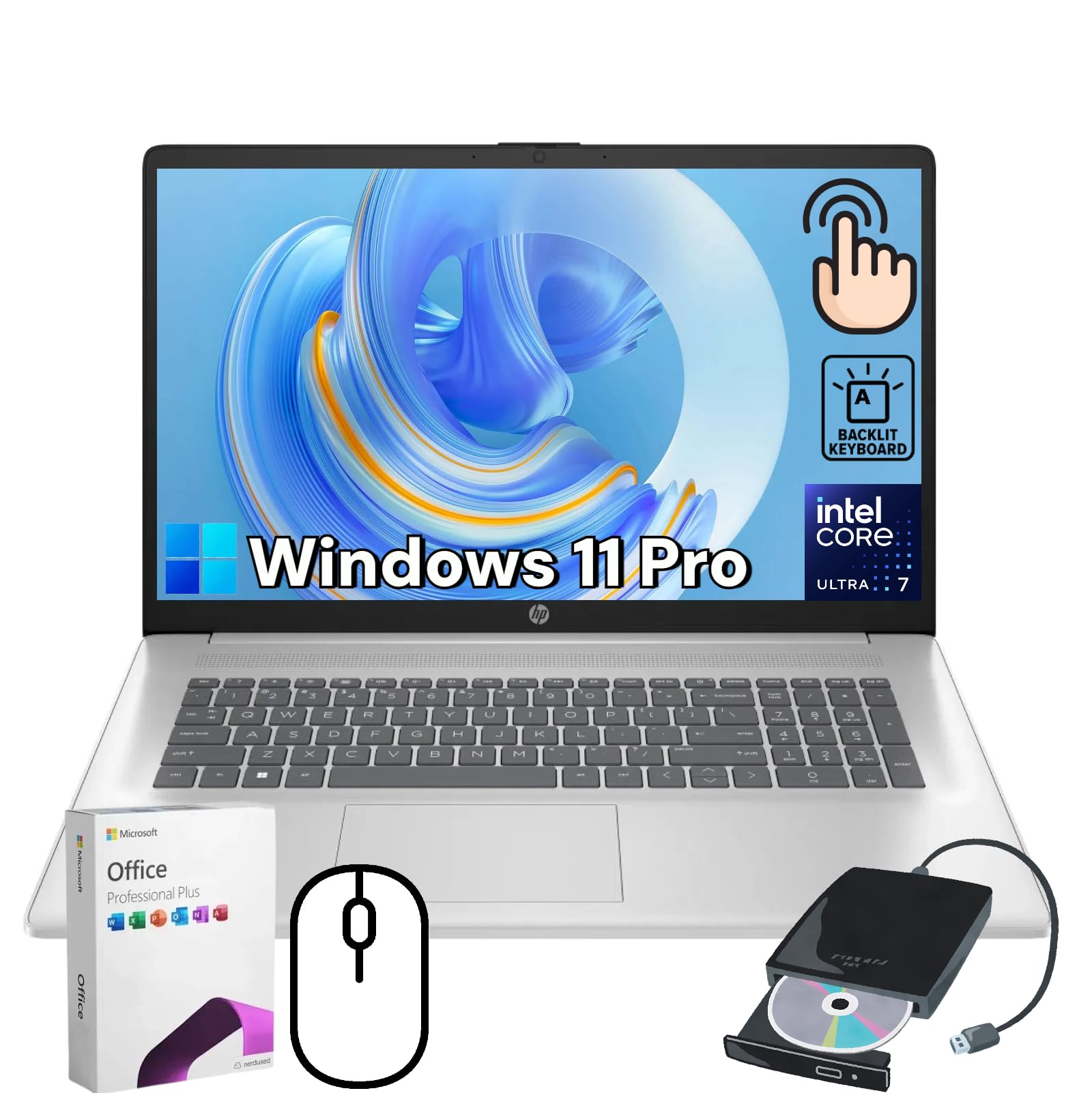 HP 17 Touchscreen Laptop Computer - 17.3 HD+ Lager Screen, Intel 10-Core 7-150U(Beat i7-1355U), 64GB RAM + 1TB SSD, Backlit Keyb