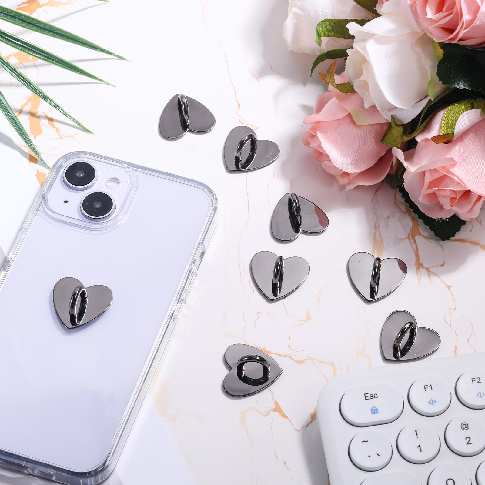 8Pcs Cell Phone Ring Holder, Cute Heart Phone Charm Hooks Adhesive Smartphone Finger Ring Stand Sticky Metal Loop Grip For Cellp