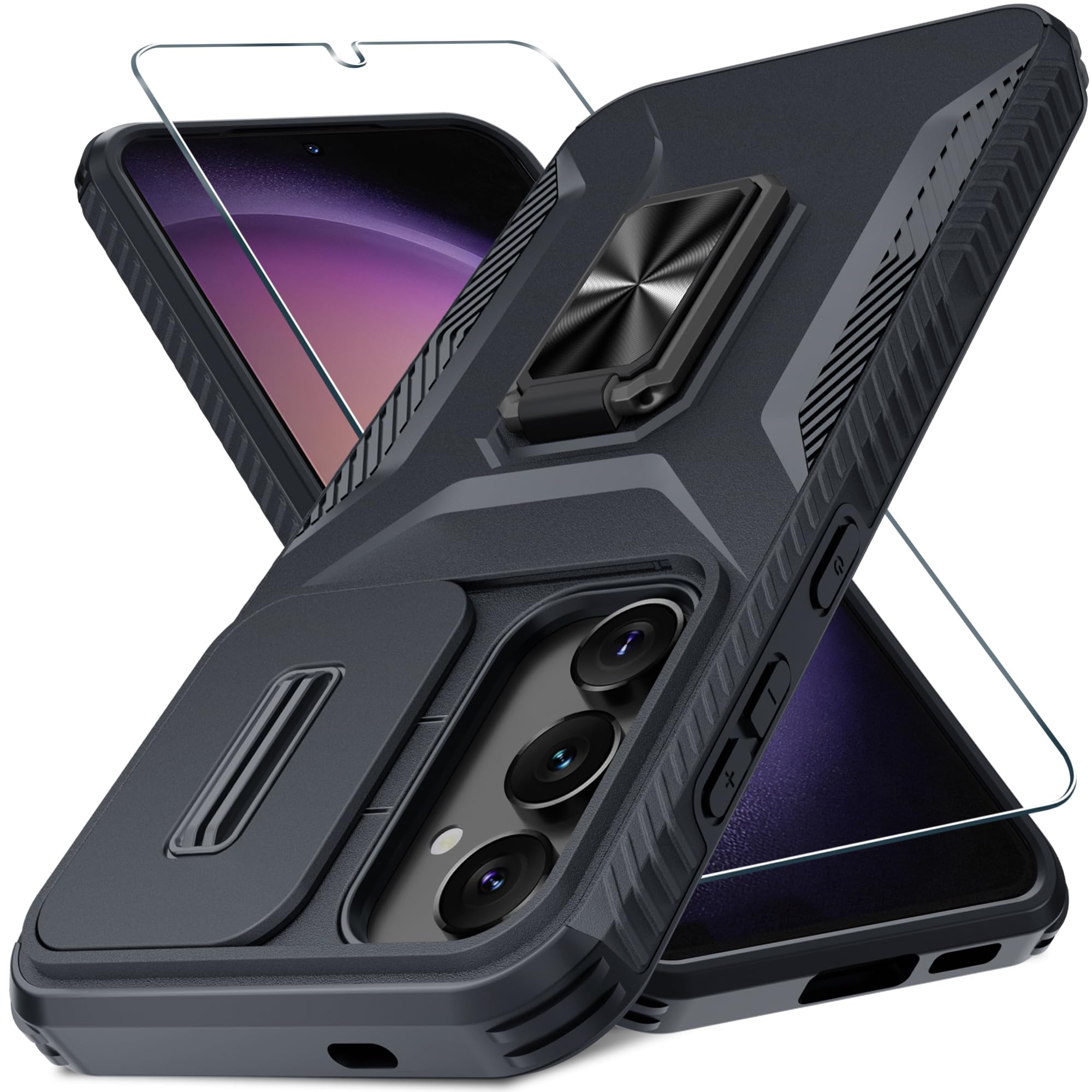 Casejeen For Samsung Galaxy S24+ Plus Case With Tempered Glass Screen Protector And Camera Lens Cover,Rotated Ring Stable Kickst