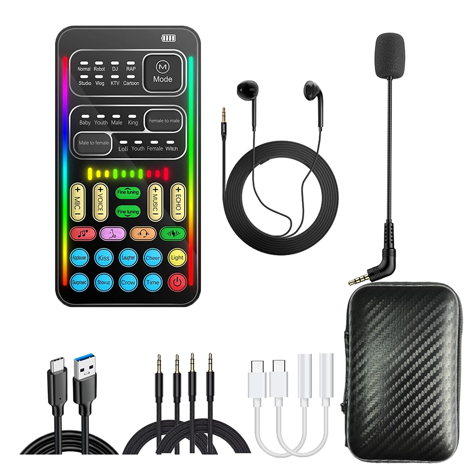 Portable Voice Changer Sound Card & Sound Effect Board Set - 16 Built-in Effects, Real-Time Modulation, with Mic and Monitoring 