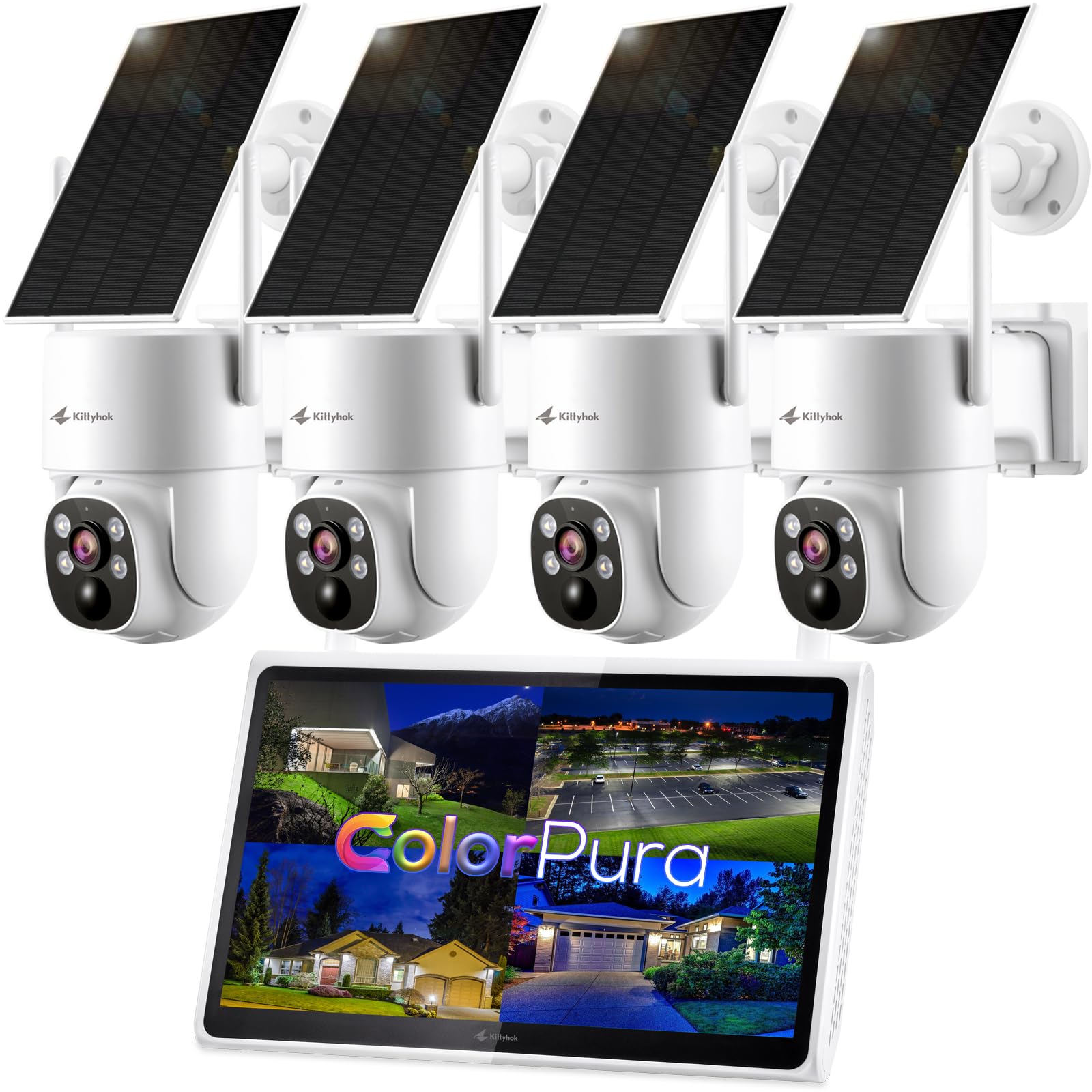 Kittyhok Outdoor Solar Security Camera System Wireless | 4pcs 2K Solar PTZ Security Camera, Pro Color Night Vision, Human Detect