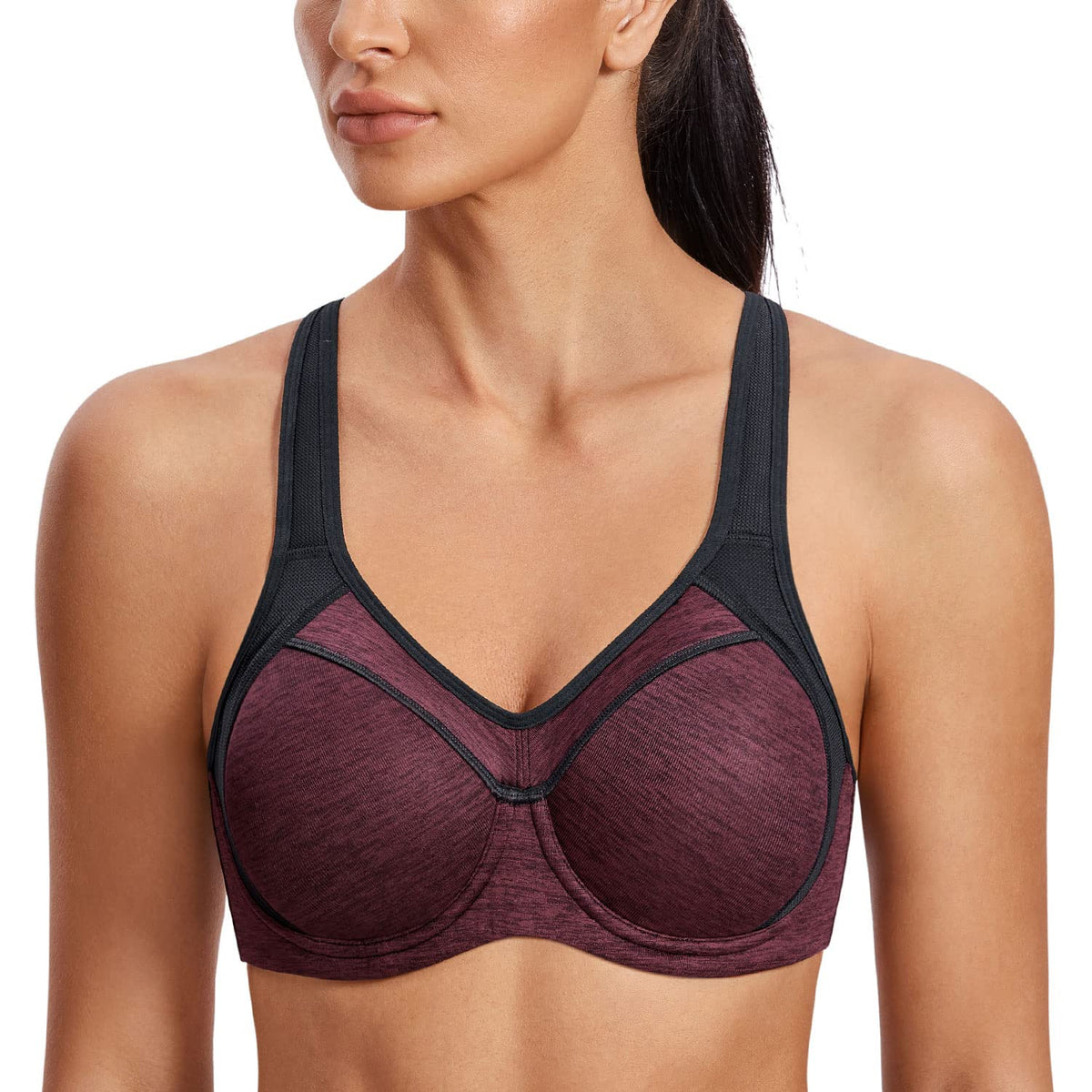 Syrokan Womens Full Support High Impact Racerback Lightly Lined Underwire Sports Bra Dark Red Flower Ash 40Dd