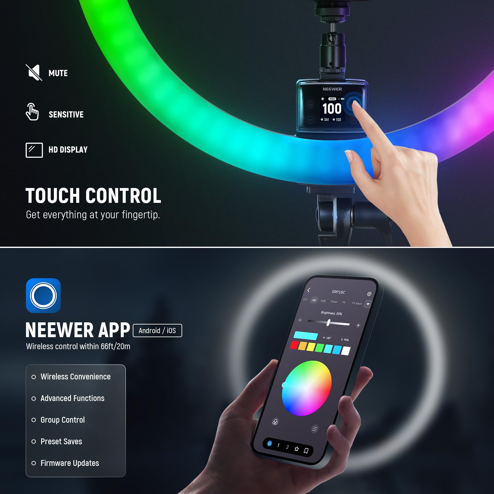Neewer Srp18C Rgb Led Ring Light Kit, Ultra Slim App Control With Reversible Light Stand, Phone Holder, Ball Head, 2500K 10000K,