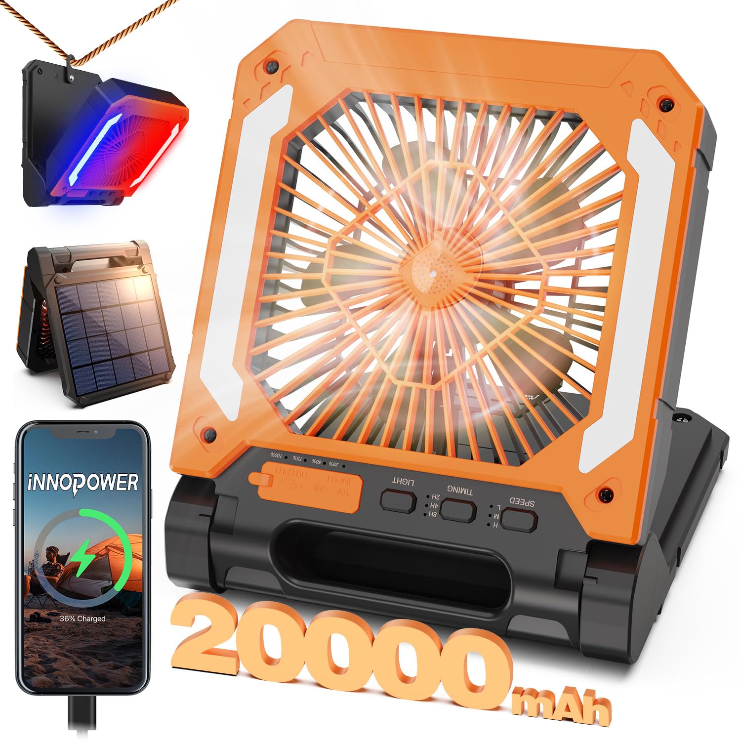 20000Mah Rechargeable Solar Powered Portable Fan With Led Lantern, 3 Speeds Cordless Battery Operated Camping Fan With Powerbank