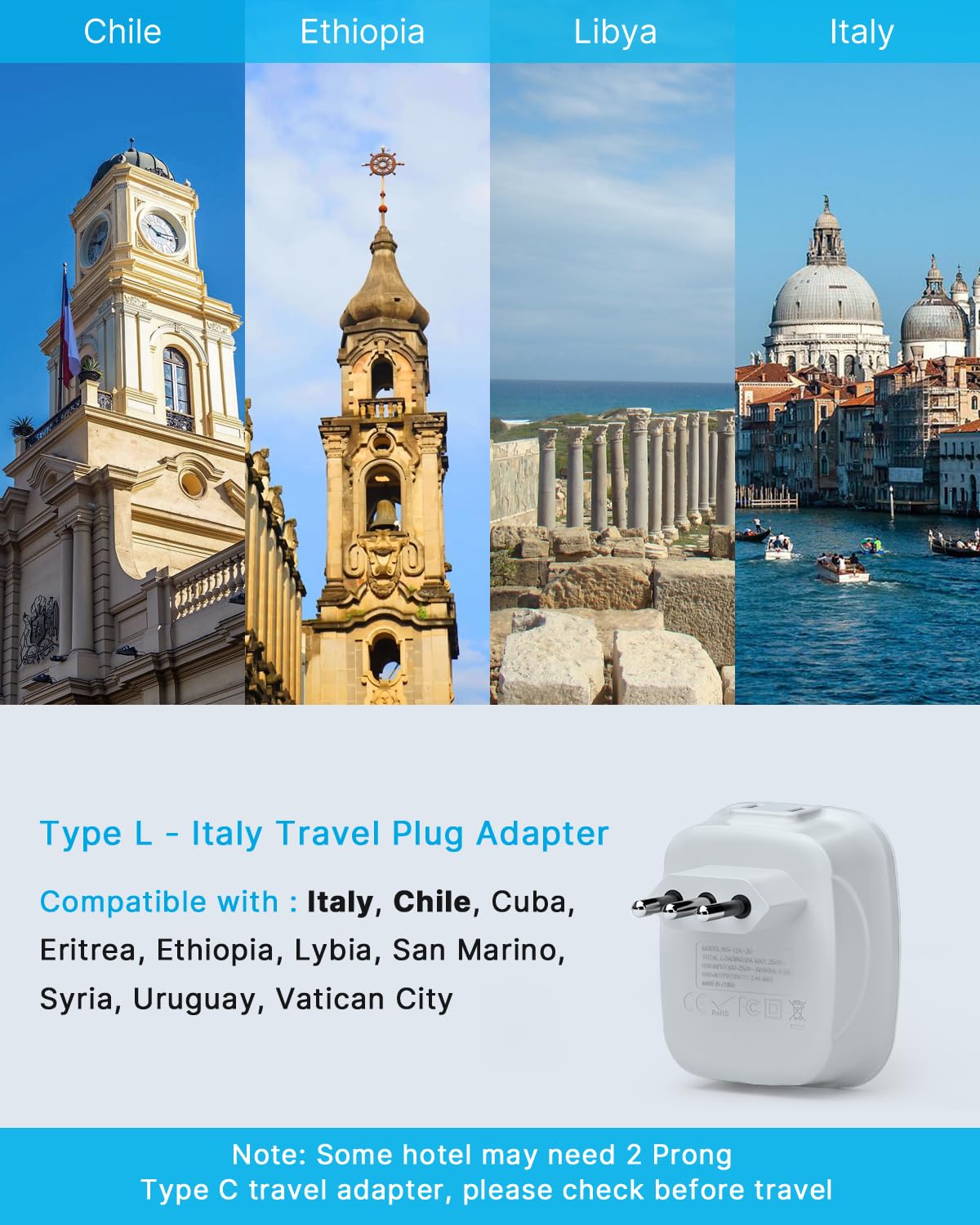 2 Pack Italy Power Adapter, Vintar Italy Travel Plug Adapter With 2 Usb And 2 American Outlets, 4 In 1 Italy Outlet Adapter, 3 P