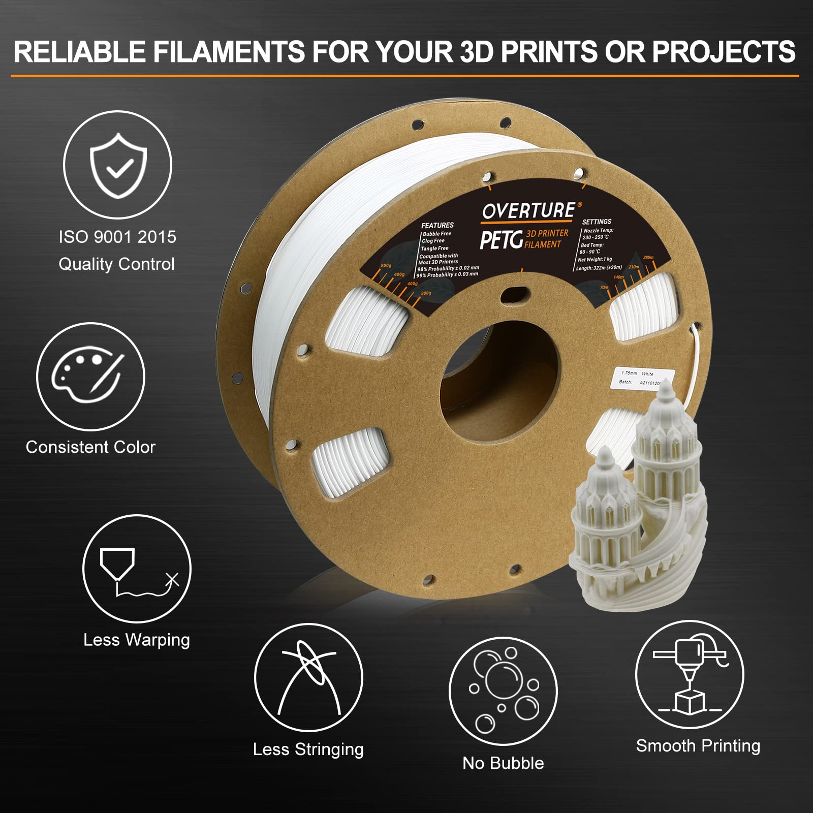 Overture Petg 3D Printer Filament 1.75Mm, 1Kg Filament (2.2Lbs), Dimensional Accuracy 99% Probability +/  0.03Mm, Fit Most Fdm P