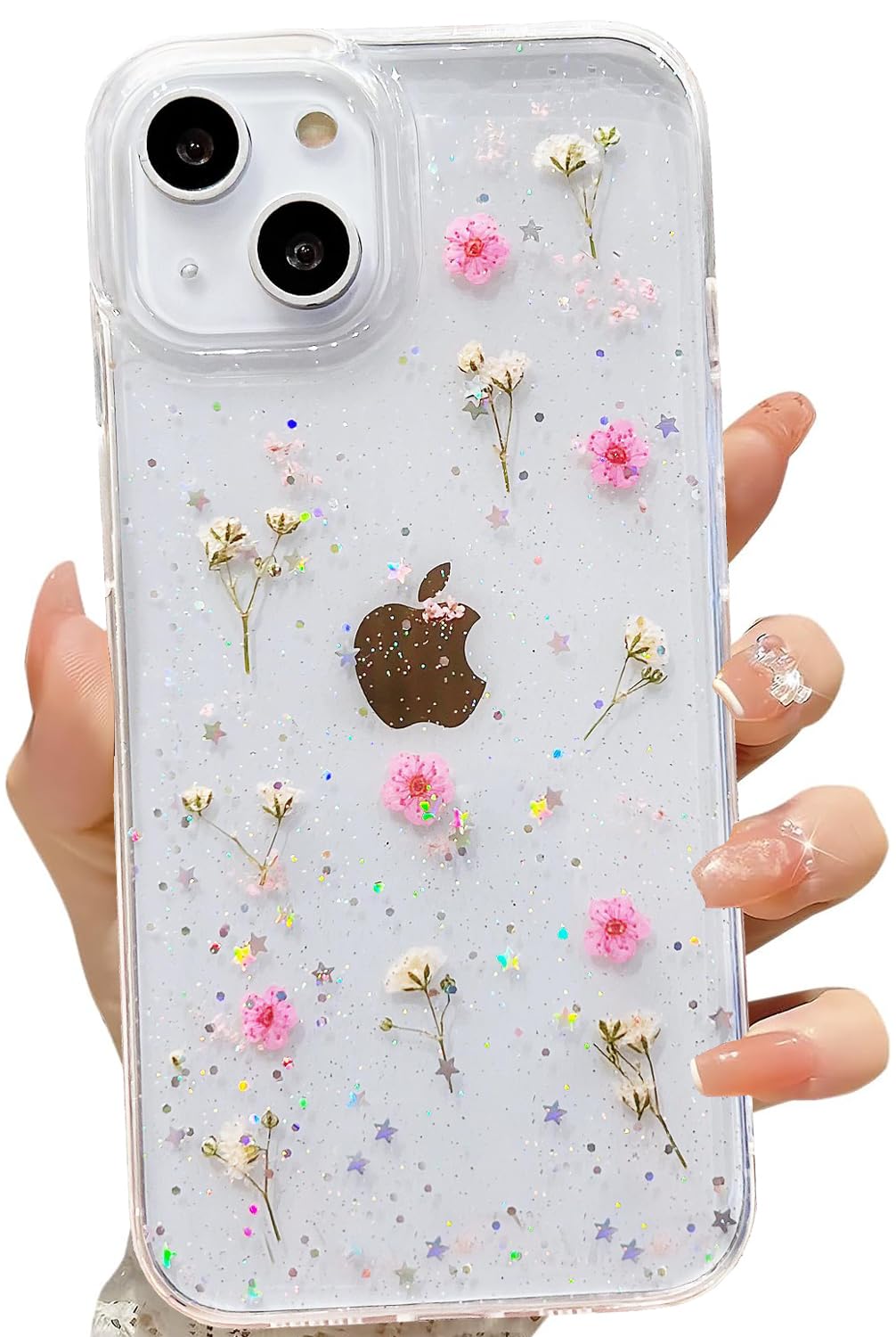 Lseeka For Iphone 13 Mini/Iphone 12 Mini Clear Case With Pressed Real Flowers Design,Glitter Cute Pink Floral Pattern Slim Soft