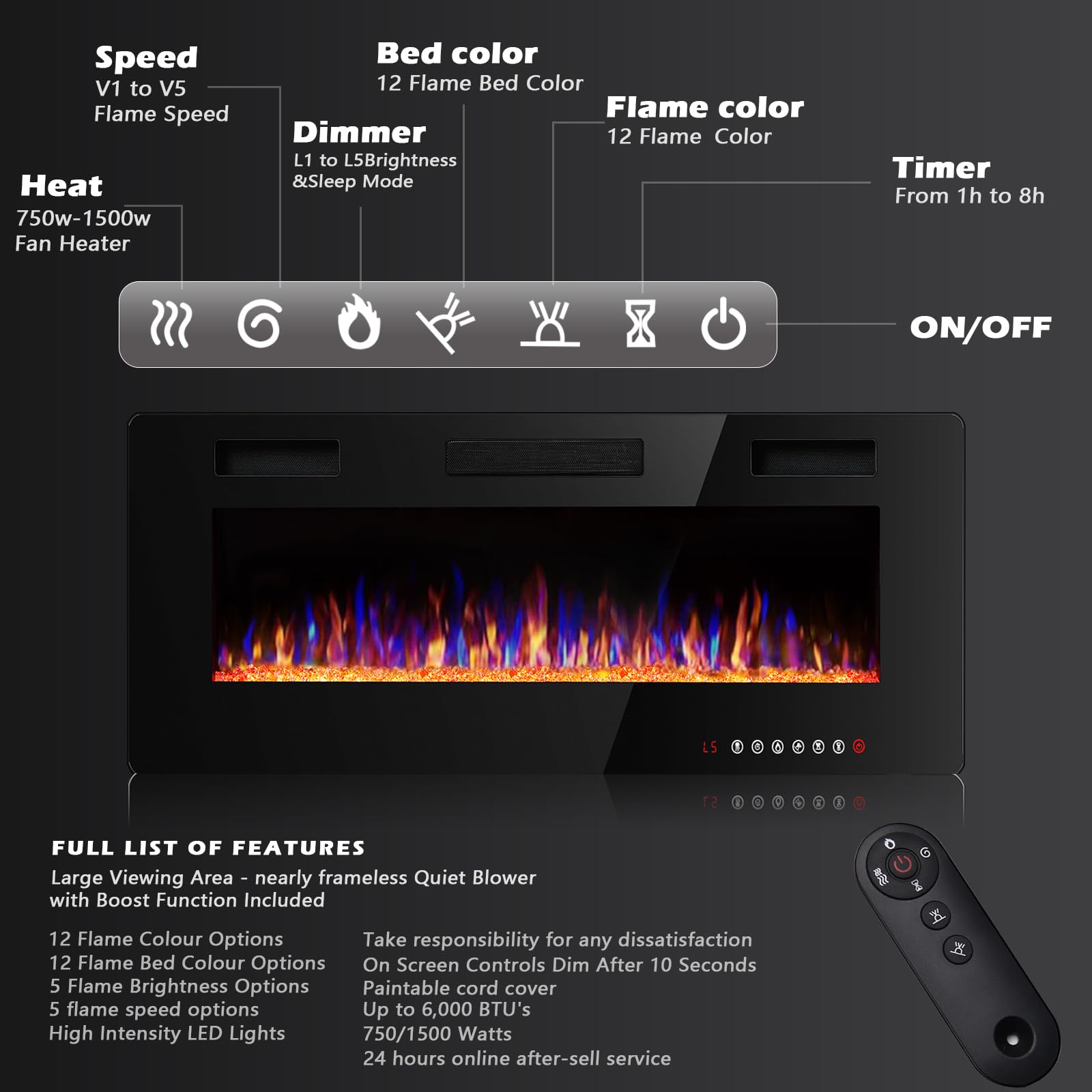 Bossin 36 Inch Ultra Thin Silence Linear Electric Fireplace Inserts, Recessed Wall Mounted Fireplace, Fit For 2 X 4 And 2 X 6 St