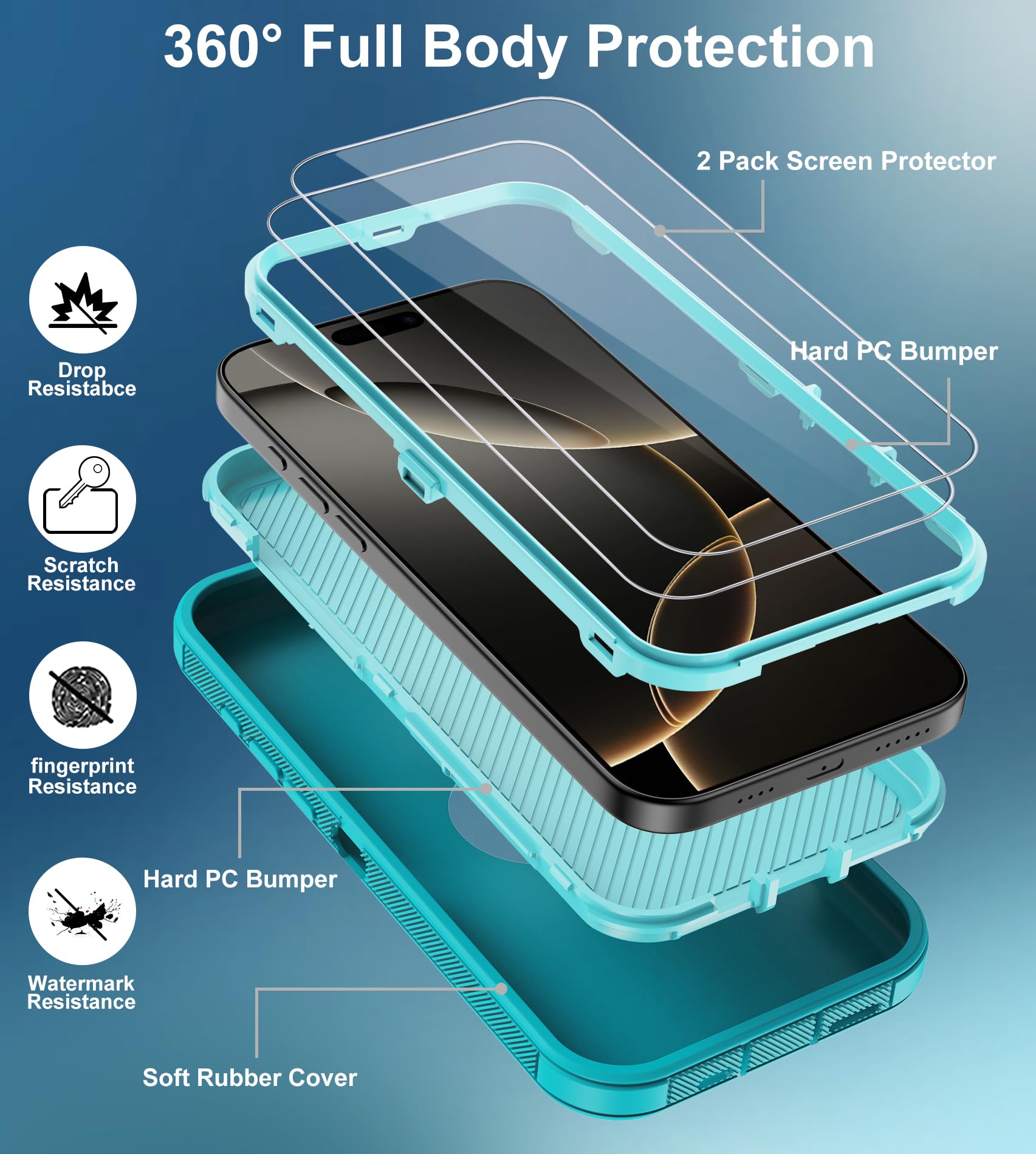 Aimoll-88 For Iphone 16 Pro Case, With 2 Screen Protector Heavy Duty Drop Protection, Full Body 3 Layer Rugged Shockproof Dust-P