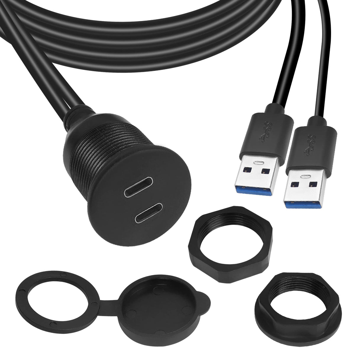 Qianrenon Dual Usb C To Usb 3.0 Threaded Flush Mount Waterproof Cable Adapter, 2 Usb 3.0 Male To 2 Usb C Female Panel Mount Exte