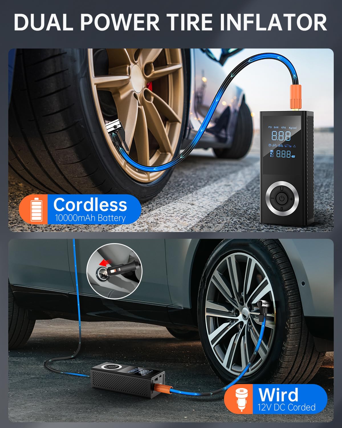 Tire Inflator Portable Air Compressor, Cordless 150 Psi Air Pump With Rechargeable Battery, Tire Pressure Gauge, 12V Car Power A