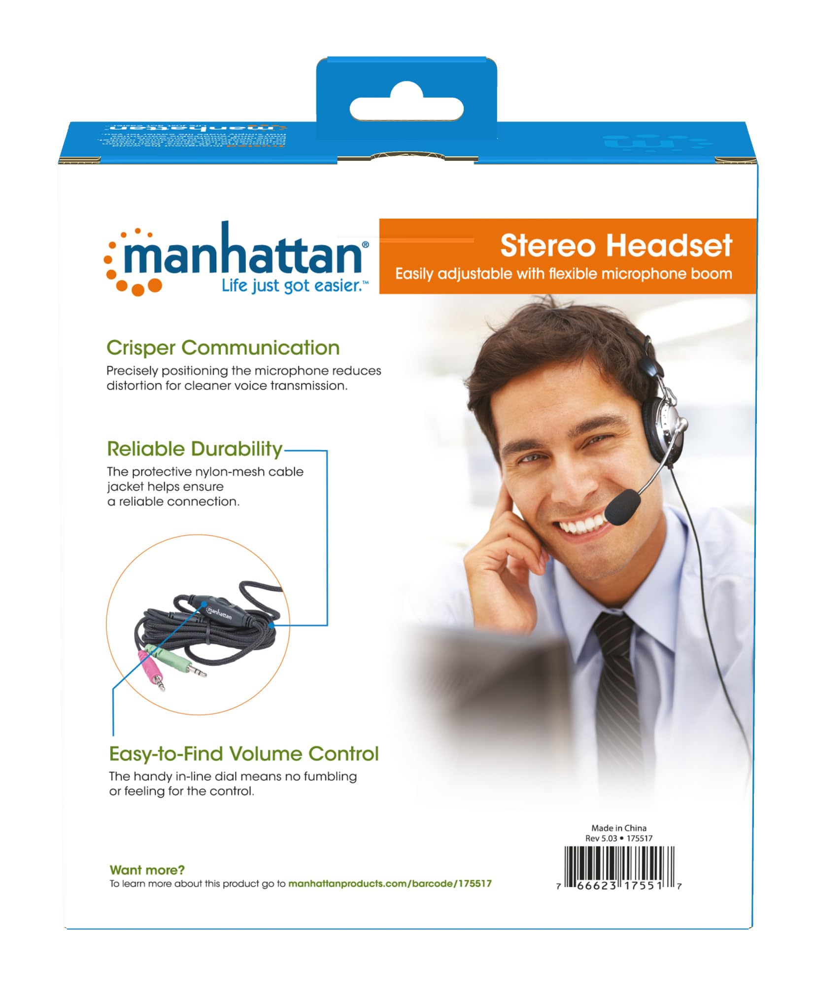 Manhattan Stereo Headset With Flexible Microphone, 8 Ft. Connecting Cable With Two 3.5 Mm Plugs For Audio & Microphone, Volume C