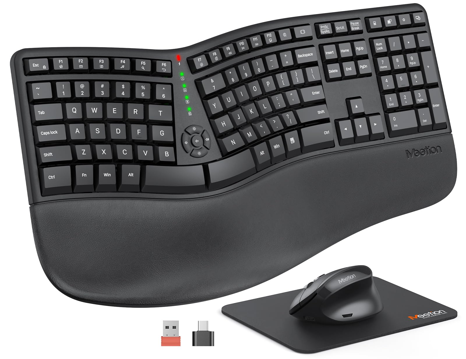 Meetion Ergonomic Wireless Keyboard And Mouse, Ergo Keyboard With Vertical Mouse, Split Keyboard With Cushioned Wrist, Palm Rest
