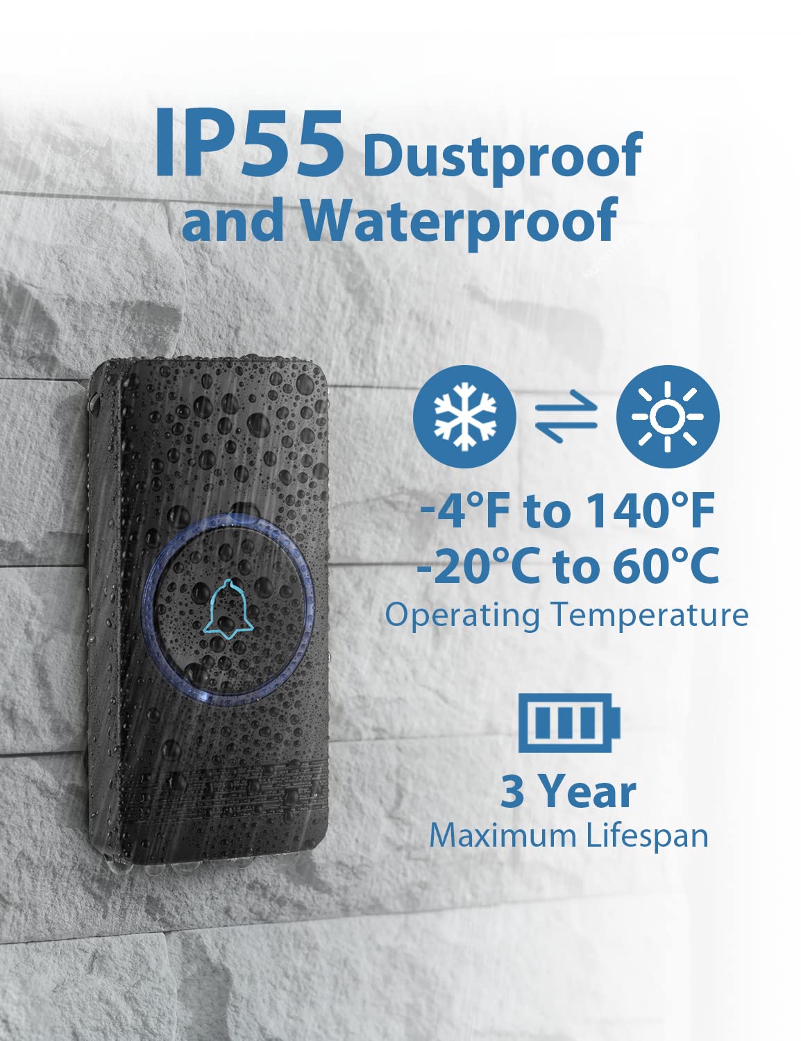 Wireless Doorbell, Avantek D 3B Waterproof Door Chime Kit Operating At Over 1300 Feet With 2 Plug In Receivers, 52 Melodies, Cd