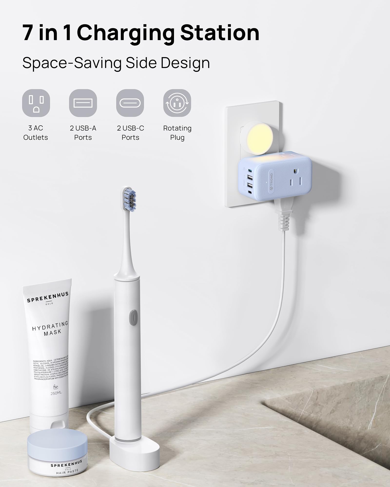 Trond Outlet Extender With 360 Rotating Plug, 3 Way Plug Splitter With Pd 20W Usb C Adapter, Multi Wall Adapter, Colorful Outlet