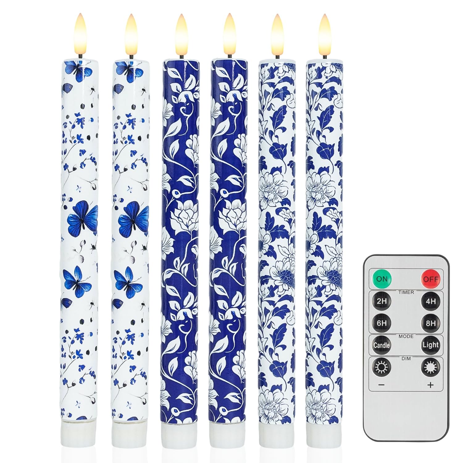 MAITREYA Chinoiserie Flameless Taper Candles Blue and White Chinoiserie Decor Battery Operated Led Candlesticks for Wedding Part