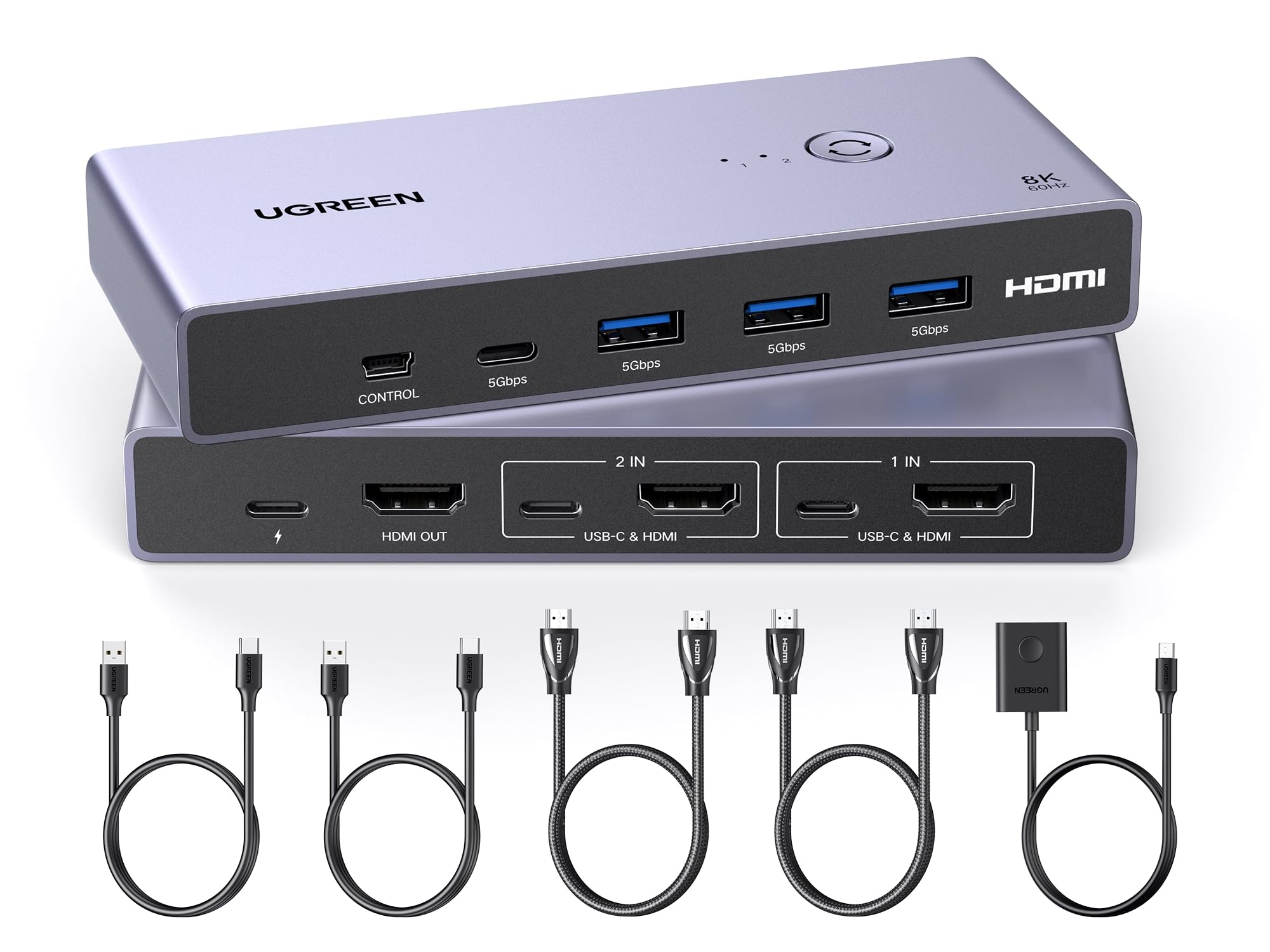 Ugreen 8K Hdmi Kvm Switch With 4 Usb 3.0 Ports (3 Usb A + 1 Usb C) Usb Switch For 2 Computers Share 1 Monitor Keyboard Mouse Har