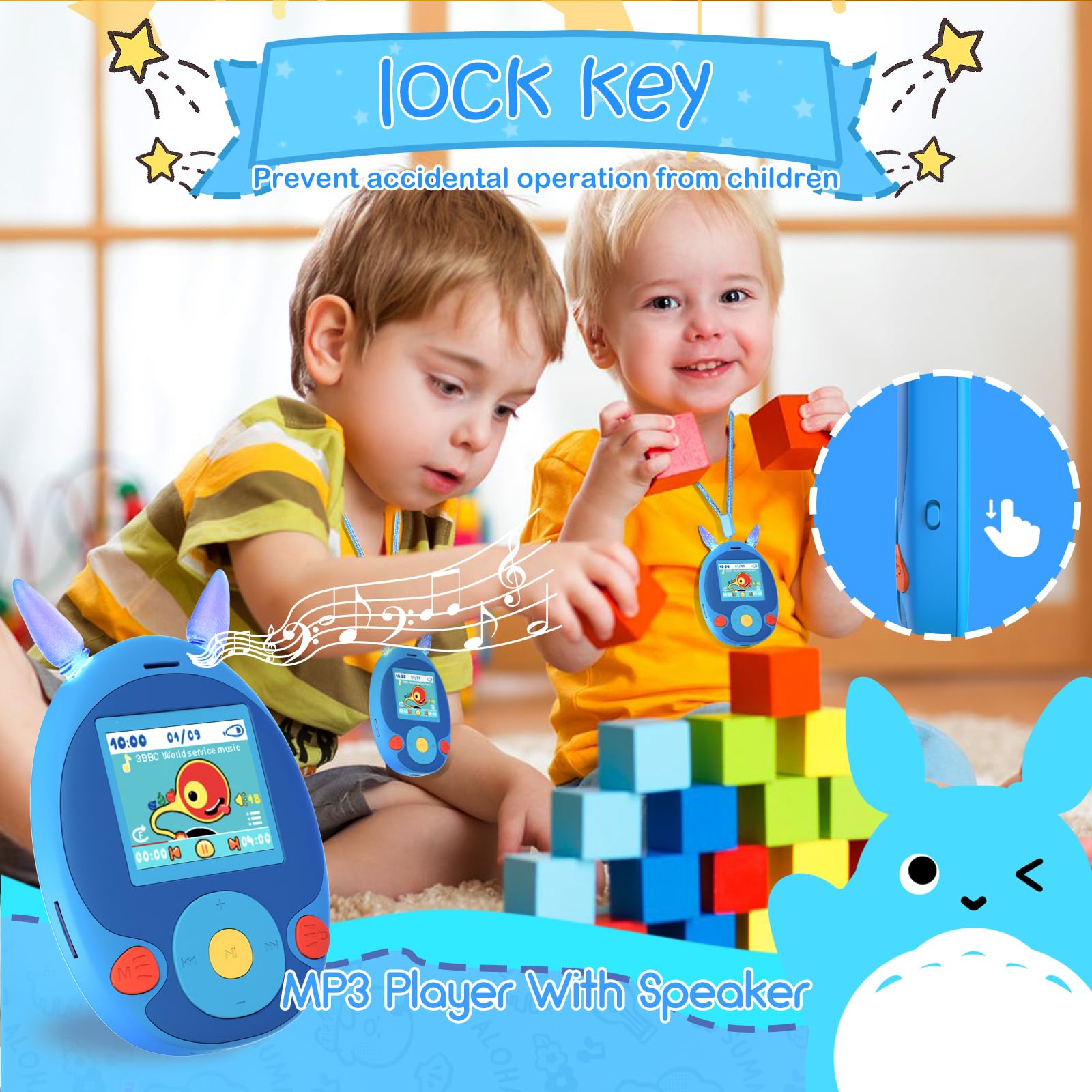 Blukasa 64Gb Mp3 Player For Kids, Kids Mp3 Player With Bluetooth, Front Speaker, Games, Recorder, Ear Lights, Alarm, Kids Music