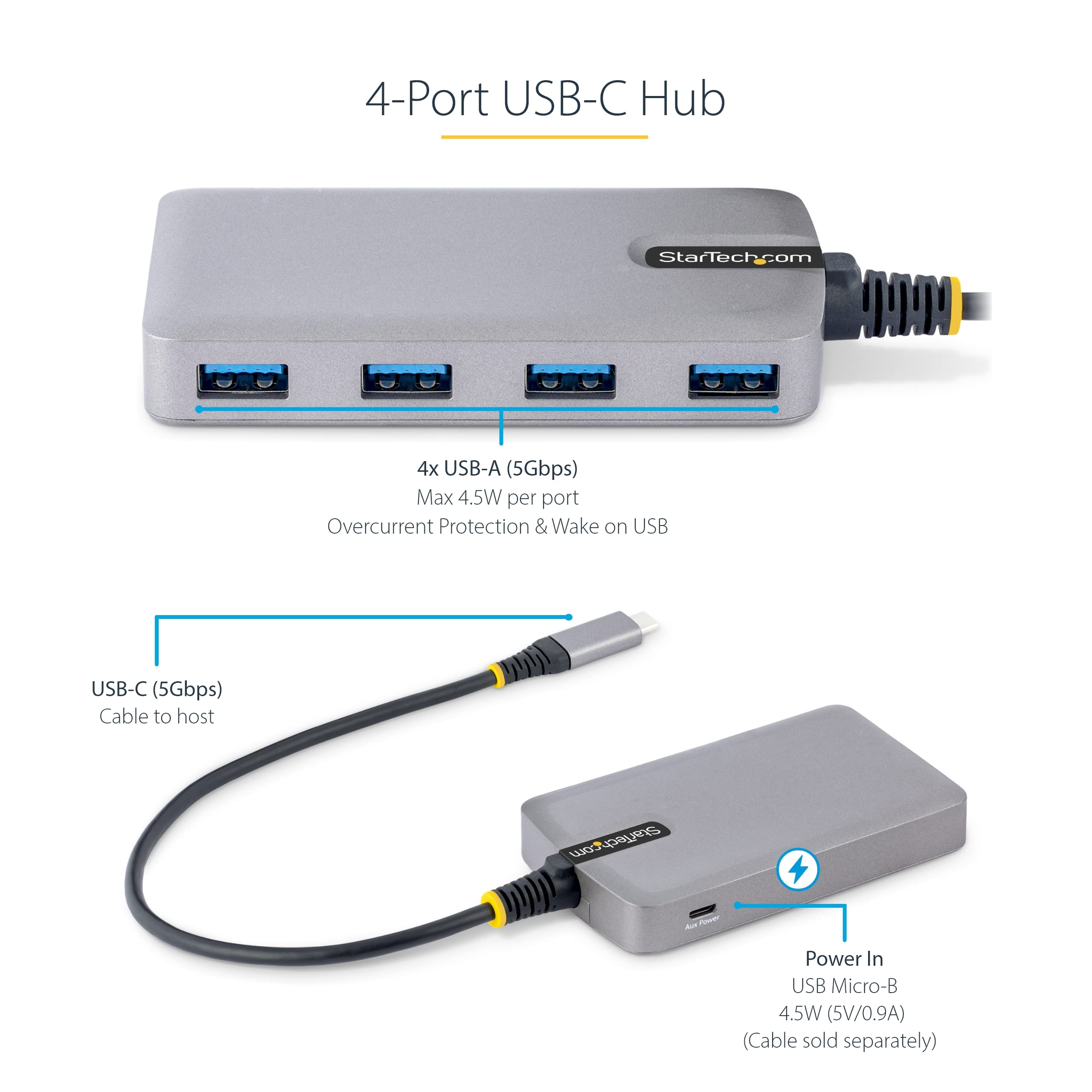 Startech.Com 4 Port Usb C Hub   5Gbps   Bus Powered   Usb C To 4X Usb A Hub W/ Optional Auxiliary Power Input   Portable Desktop
