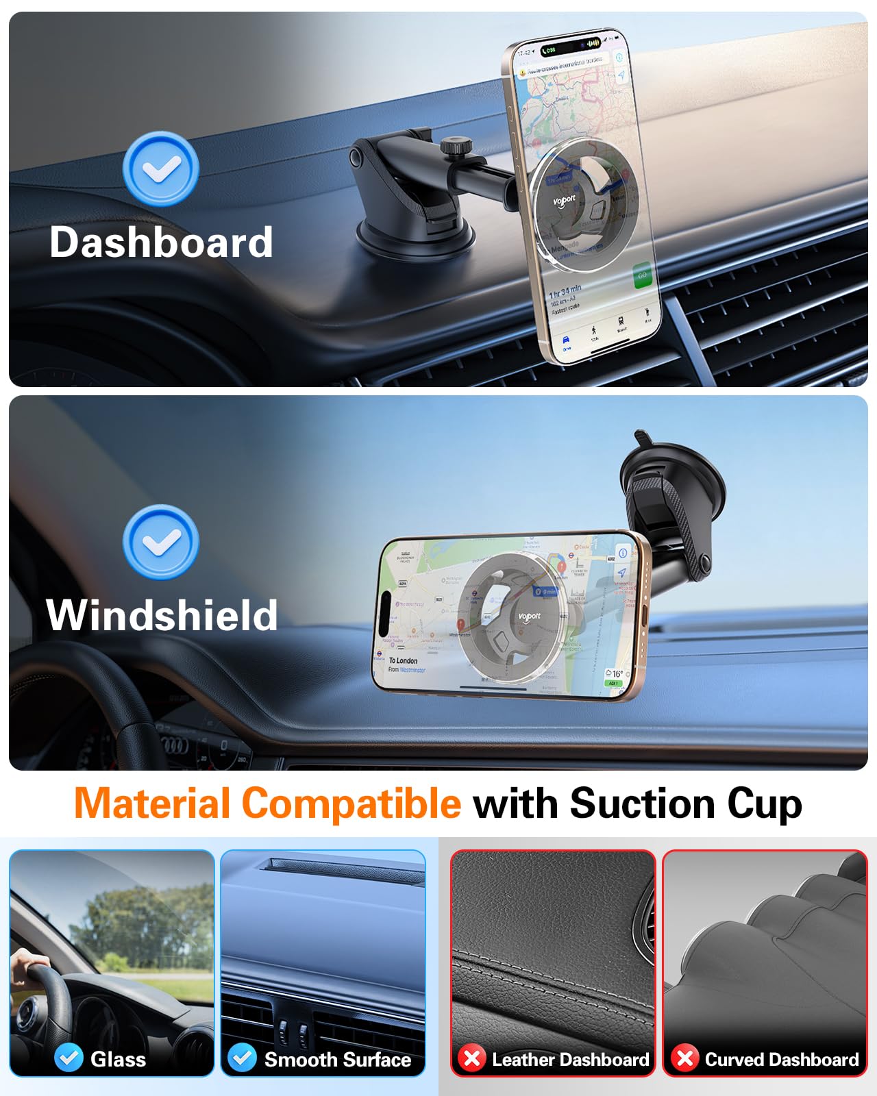 Volport For Magsafe Car Mount [Dashboard & Windshield]: Universal Dash Magnetic Phone Holder [360 Rotatable Suction Cup], Strong