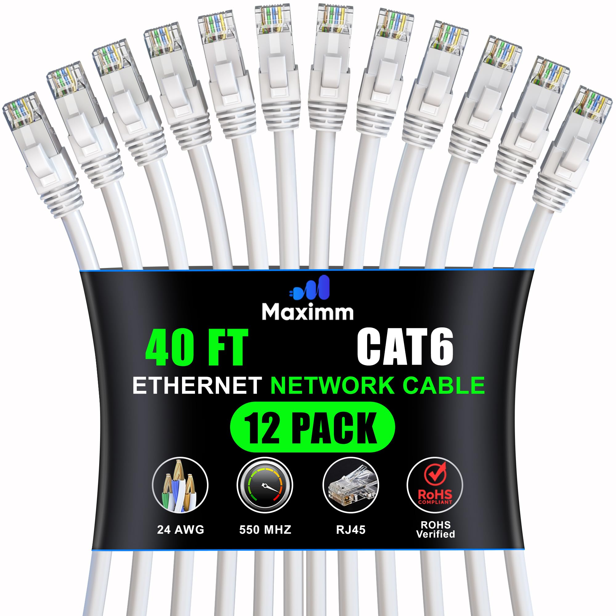 Maximm Cat 6 Ethernet Cable 40 ft (12-Pack) - High-Speed LAN, Internet, Patch, and Network Cord - UTP, 10Gbps, 550MHz - White